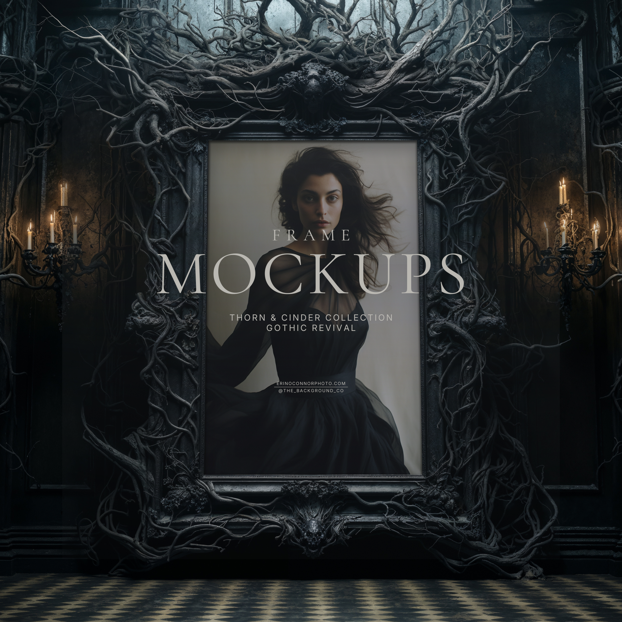 Gothic Revival wall mockup with tall ornate black frame wrapped in gnarled branches, candle sconces, and a checkerboard floor, designed to showcase your art in a real room.