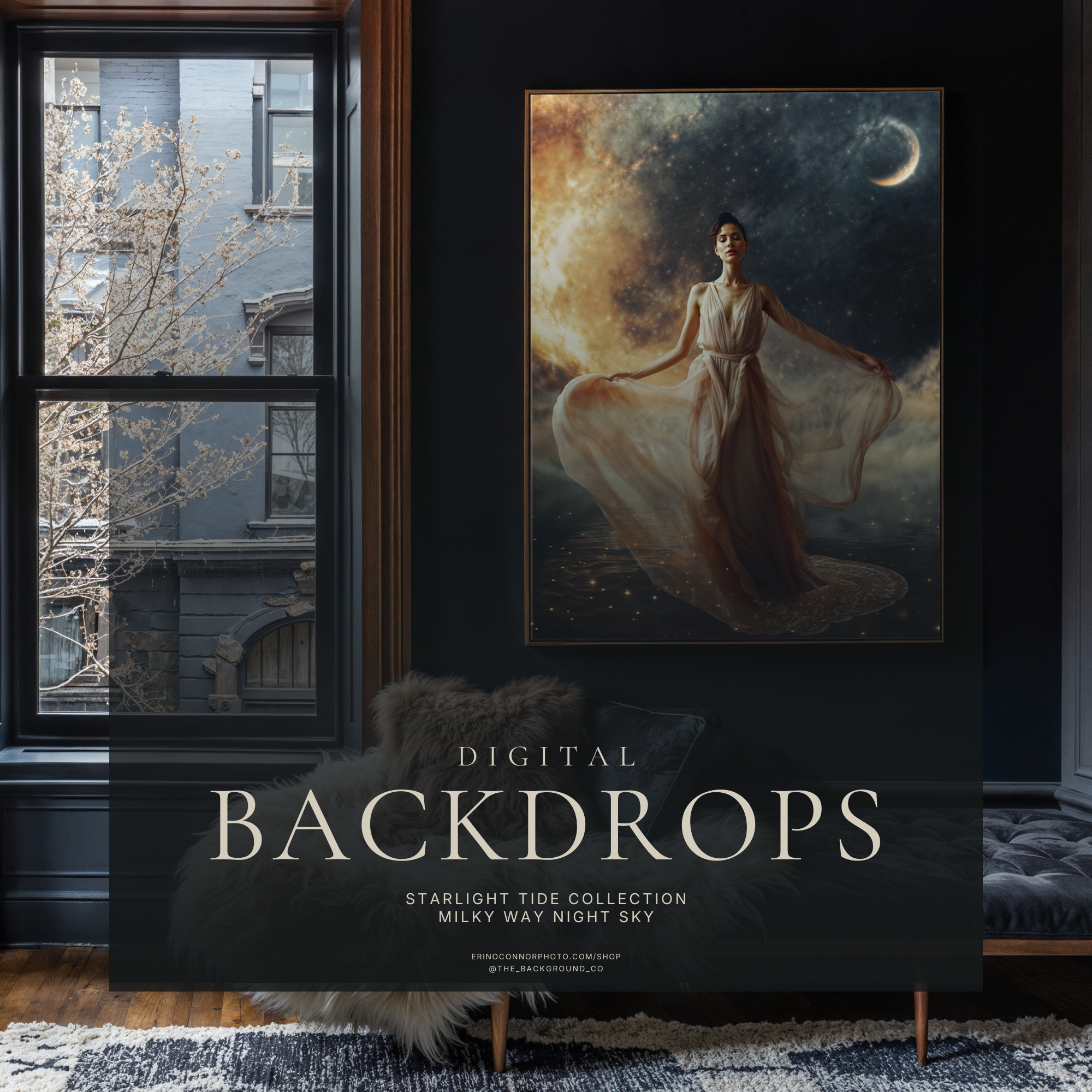 Dark room wall art mockup featuring Milky Way night sky composite, framed print preview for photographers selling celestial fantasy portraits