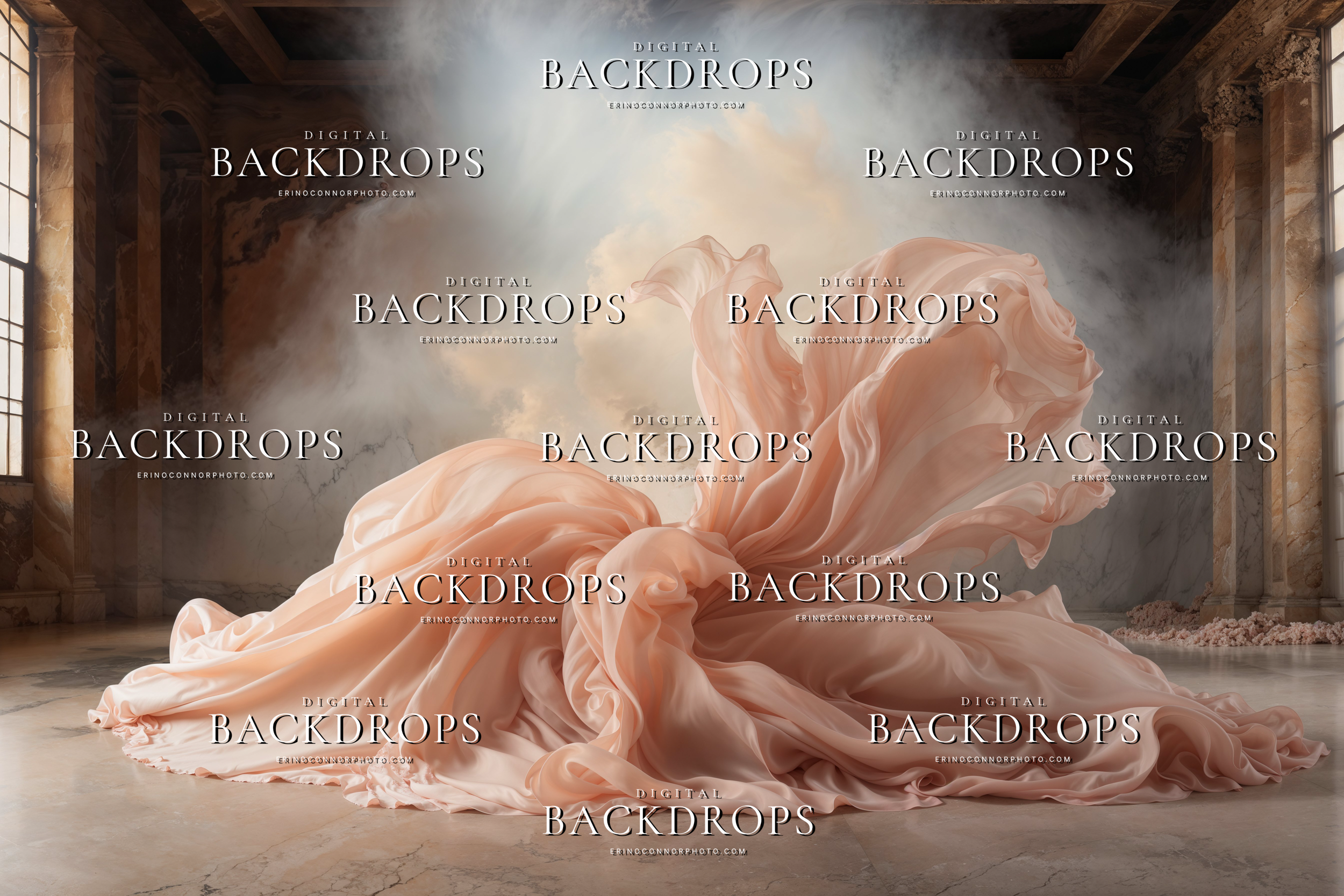 Ballet peach chiffon digital backdrop with sculptural fabric piled across a tiled floor in a softly lit smoky interior.