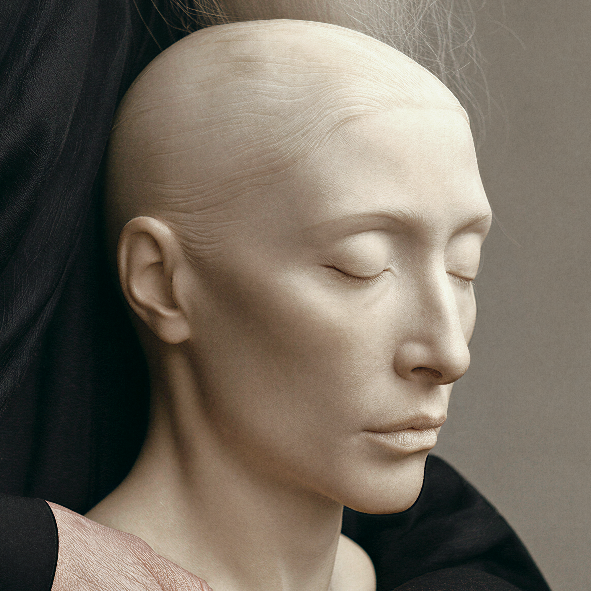 Close detail of the pale sculptural portrait likeness with closed eyes held by Astera.