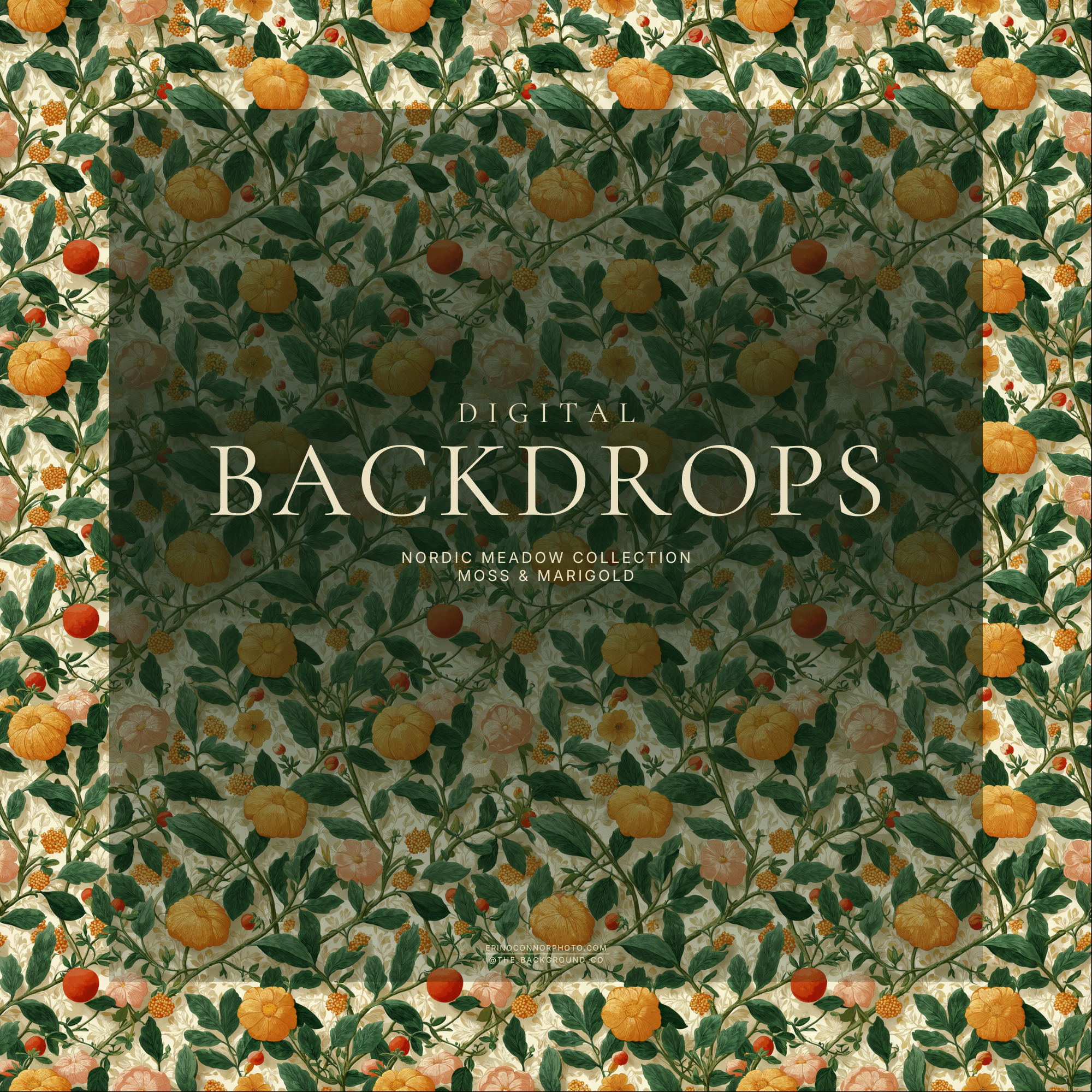 Nordic Meadow digital background, cream botanical pattern with pumpkins, peach blooms, green vines and berries, vintage Scandinavian wallpaper style, high resolution JPEG.