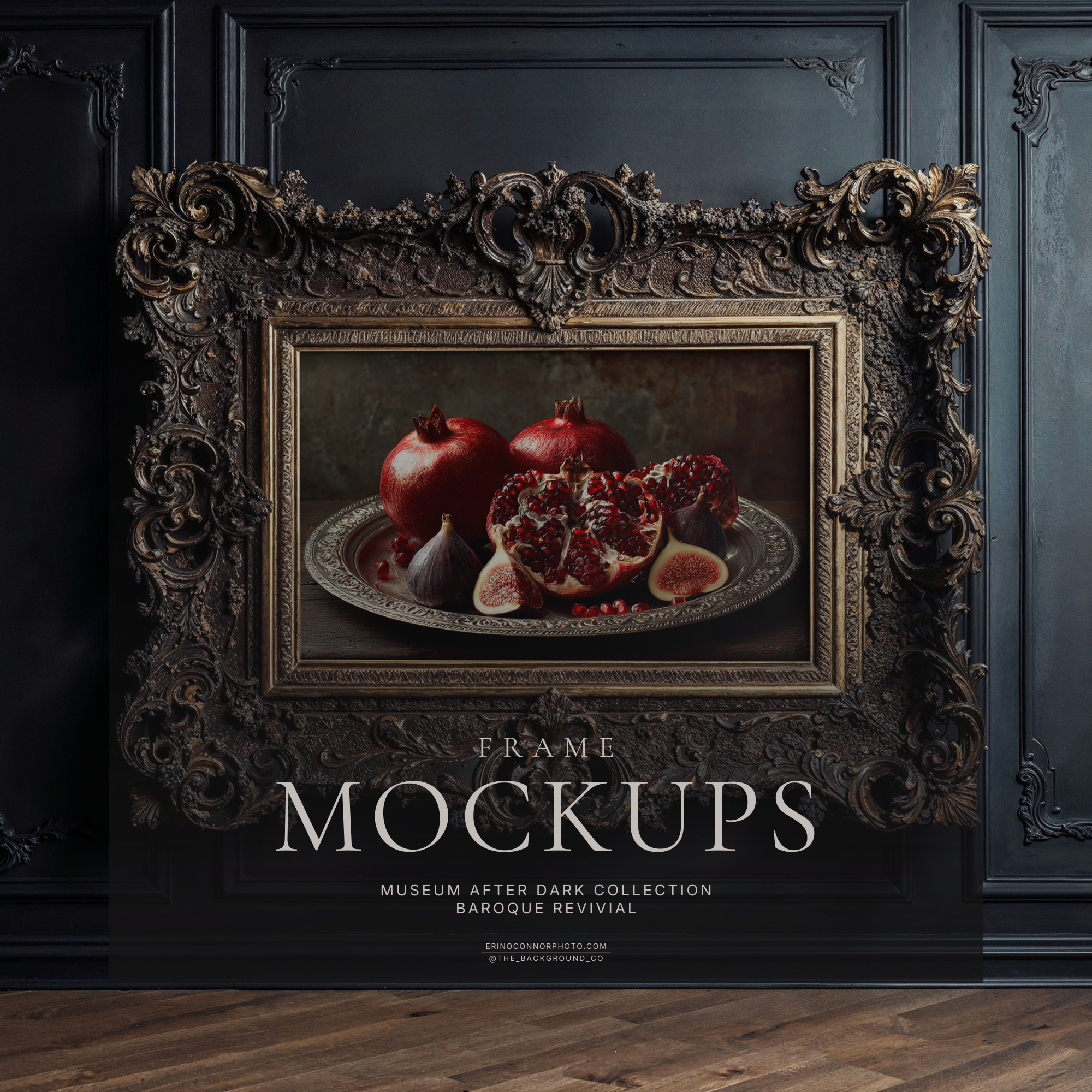 Wide ornate baroque frame mockup on dark paneled wall, gallery style art display with blank artwork area, moody interior, herringbone wood floor.