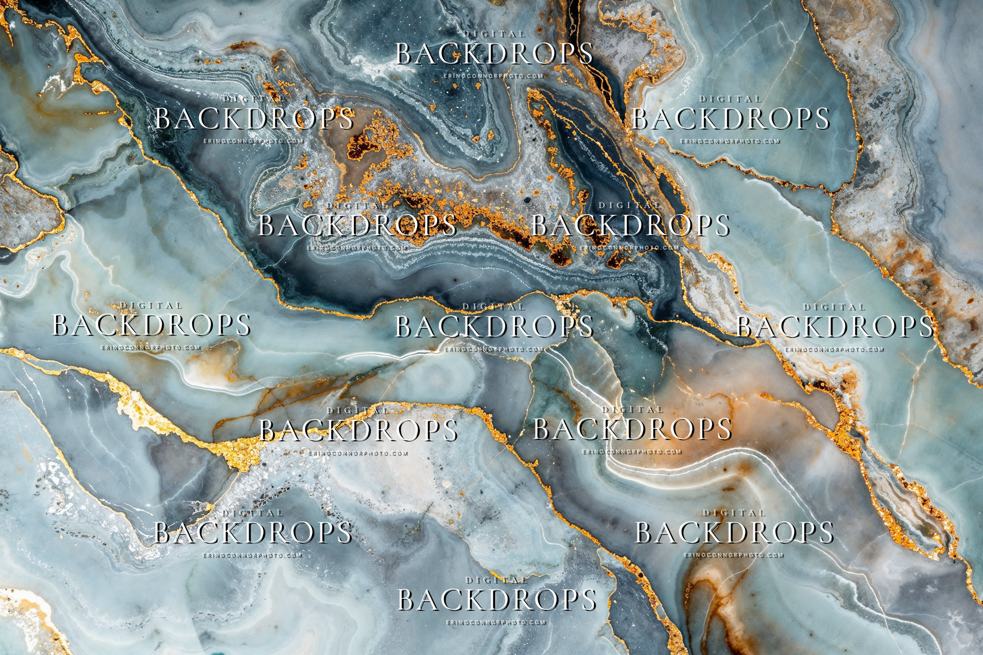 Blue gold agate marble texture digital background with icy blue stone, smoky grey movement, and metallic gold vein detail.