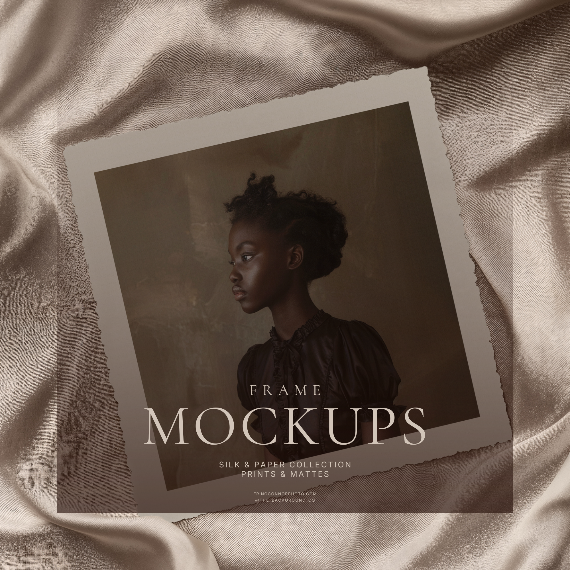 Deckled edge square print mockup on champagne satin fabric, torn paper border with art placeholder, neutral flat lay for fine art and photography prints.