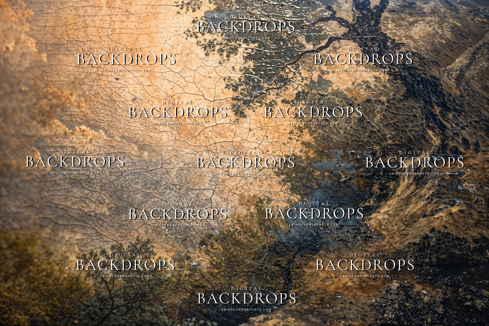 Old Masters Landscapes Varnished Valleys digital background 5, aerial canyon and river vein, cracked earth texture, warm gold and slate tones for composites.