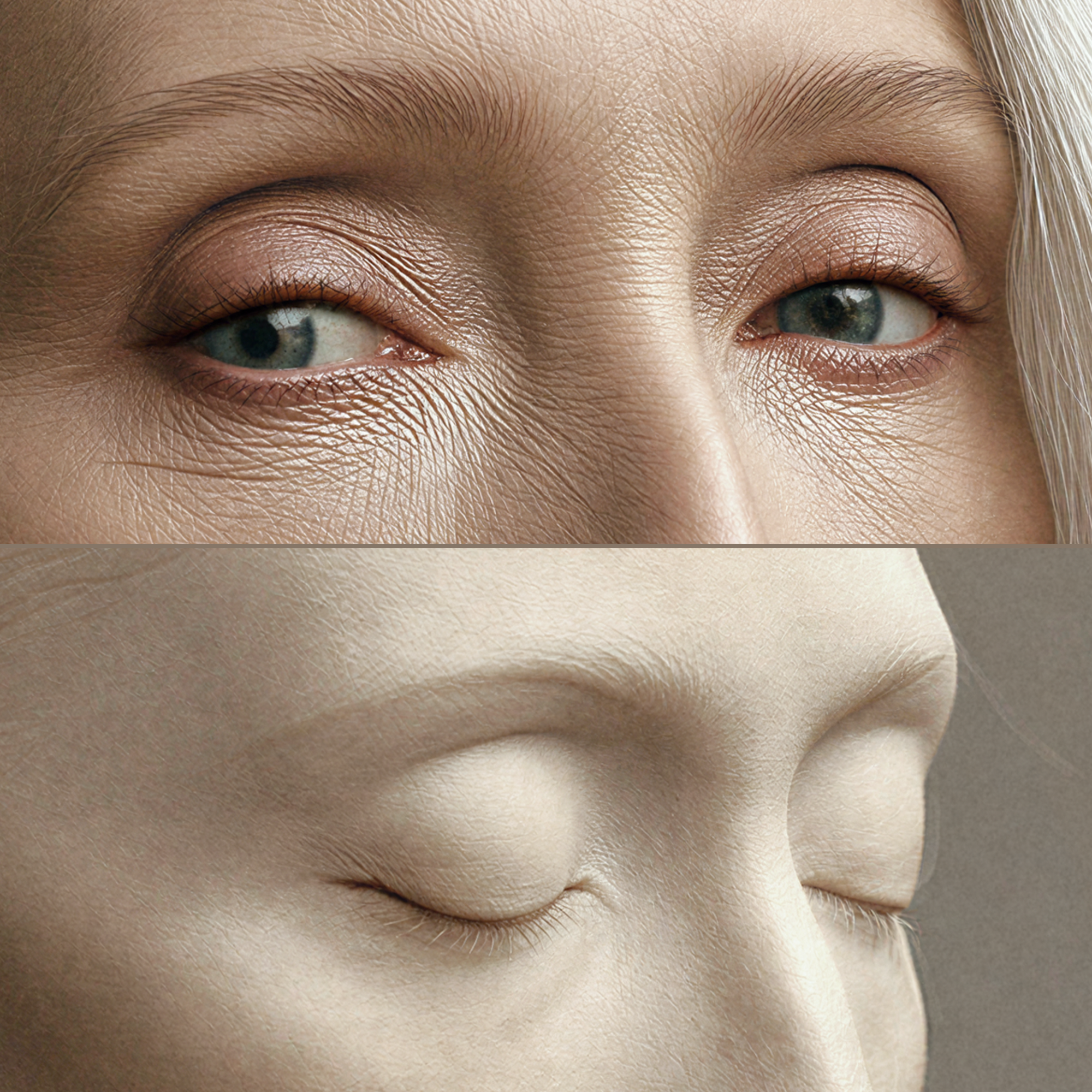 Detail contrasting Astera's open gaze with the closed eyes of the pale portrait likeness she holds.