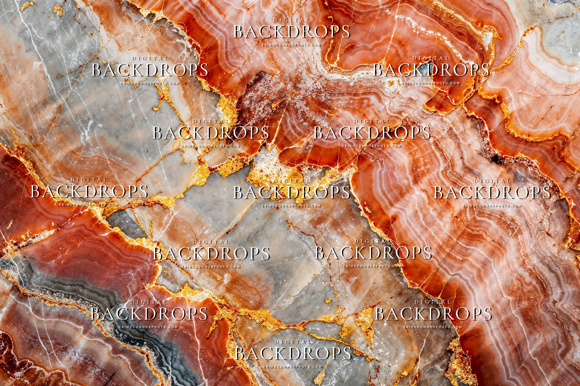 Coral terracotta marble texture digital background with rust red stone, soft grey layers, white veining, and metallic gold detail.