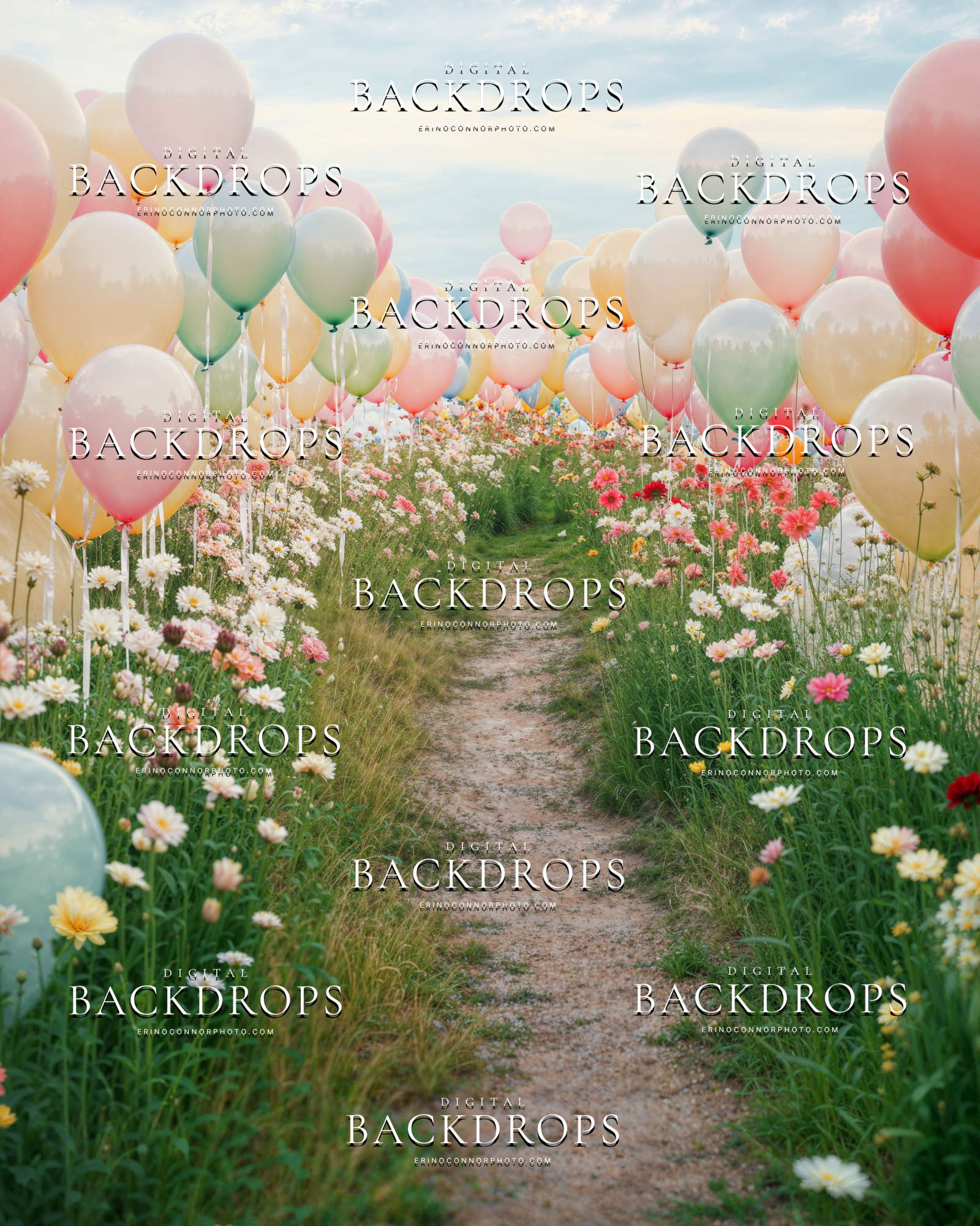 Pastel balloon garden with dahlias and daisies along a path, bright joyful digital backdrop for portraits, branding, and seasonal promos.
