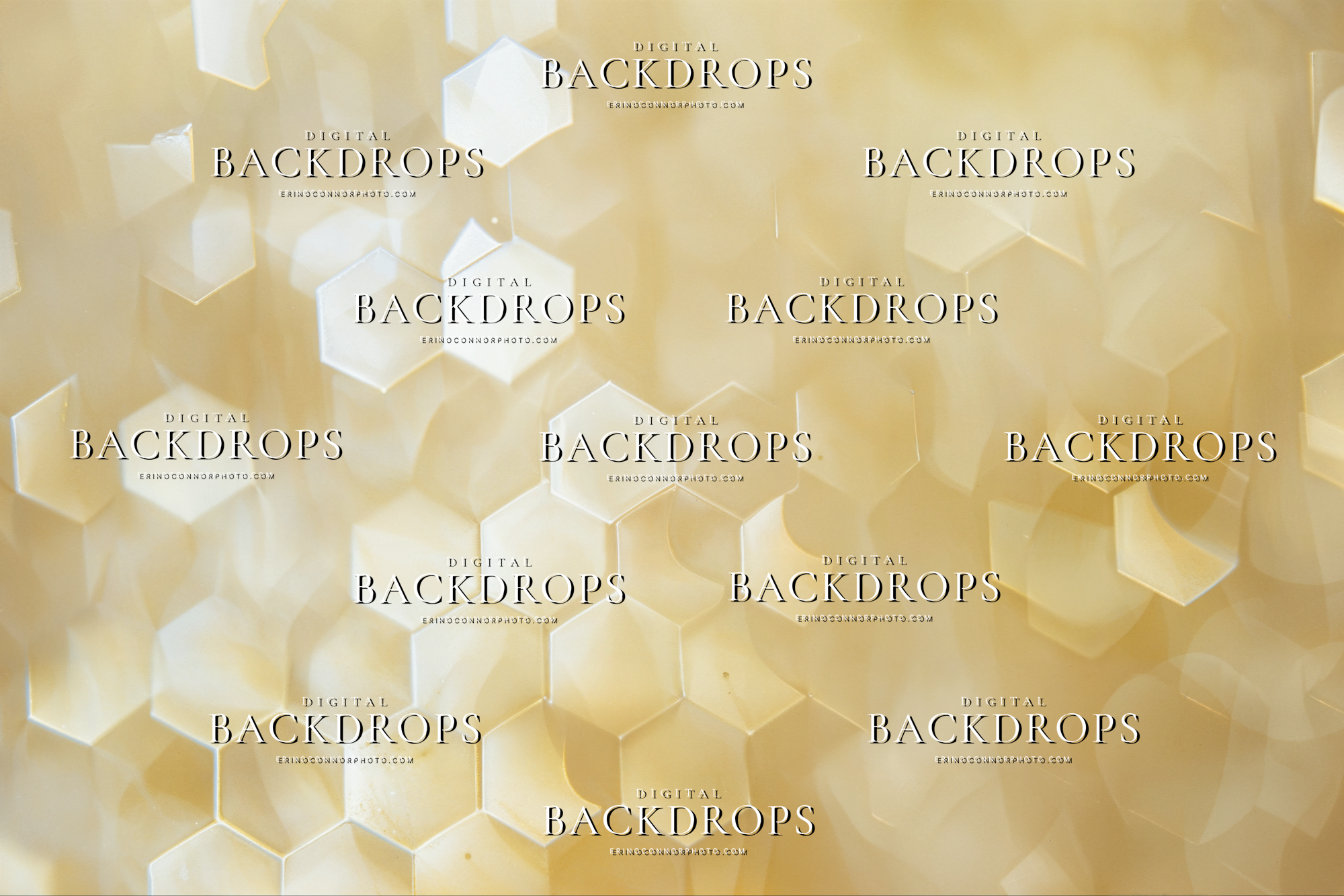 Cream hexagon bokeh light overlay with soft ivory gold glow, geometric lens blur, and bright airy texture for portrait composites.