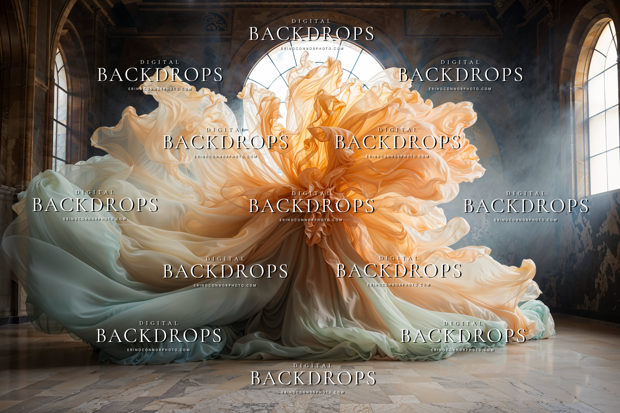 Pastel chiffon digital background with peach, cream, and pale mint fabric gathered into a sculptural floral form beneath a large arched window.