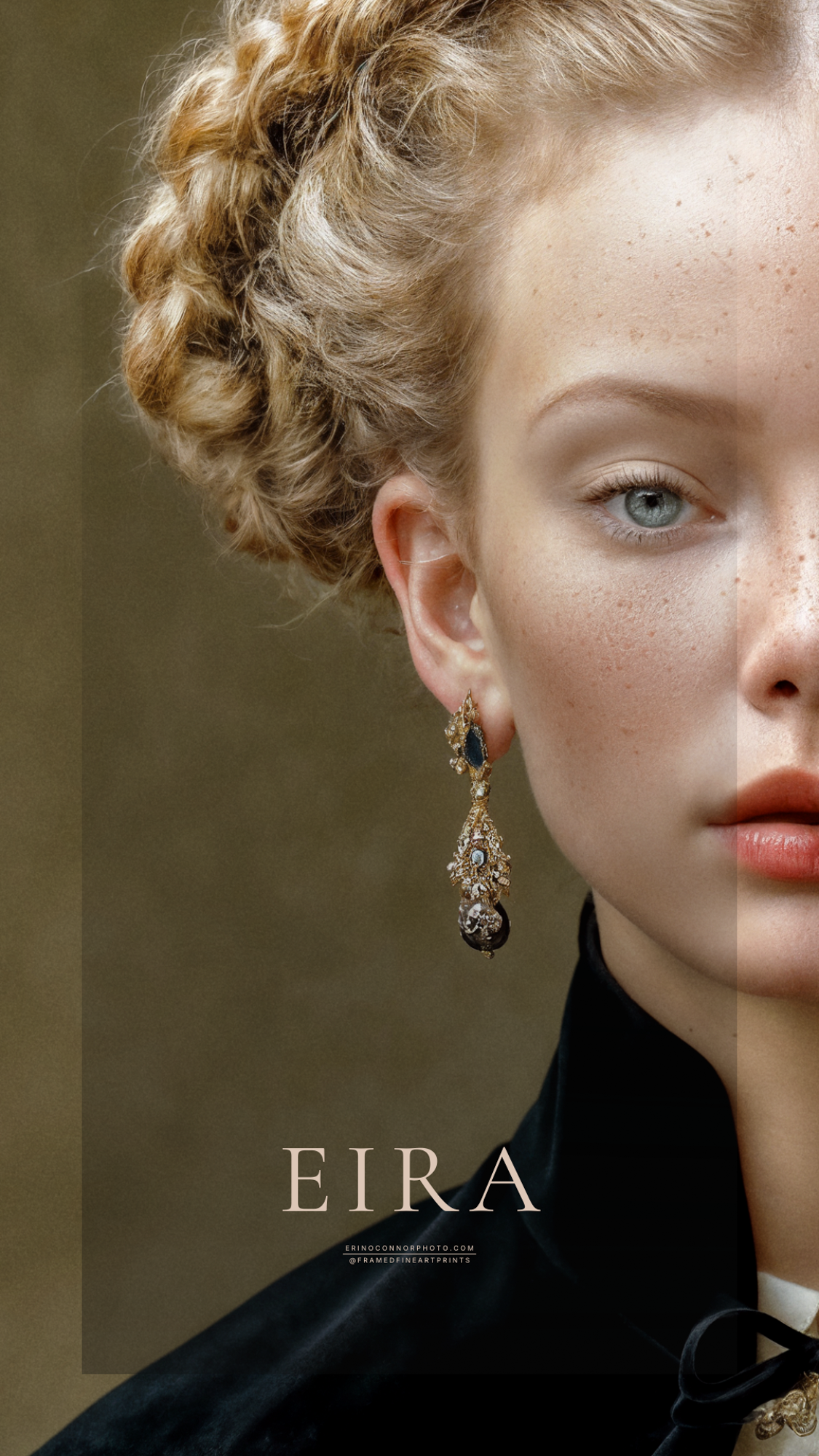 Close portrait of Eira with braided blonde hair, blue eyes and an ornate antique-style drop earring.