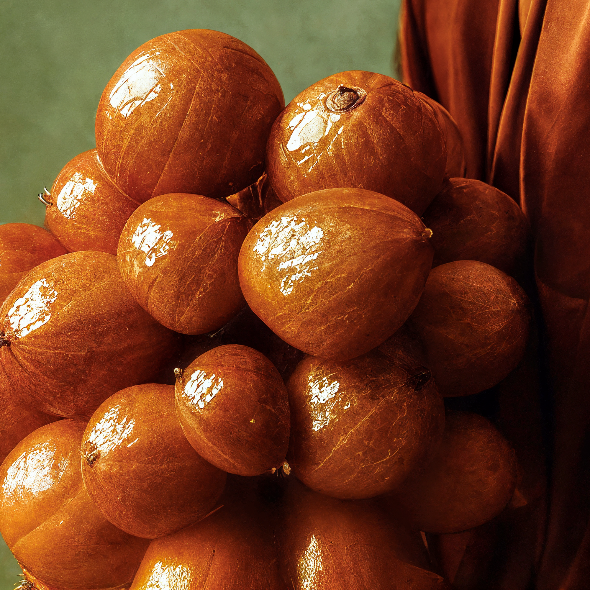 Close detail of the warm orange-brown fruit held by Rowan against her rust-colored garment.