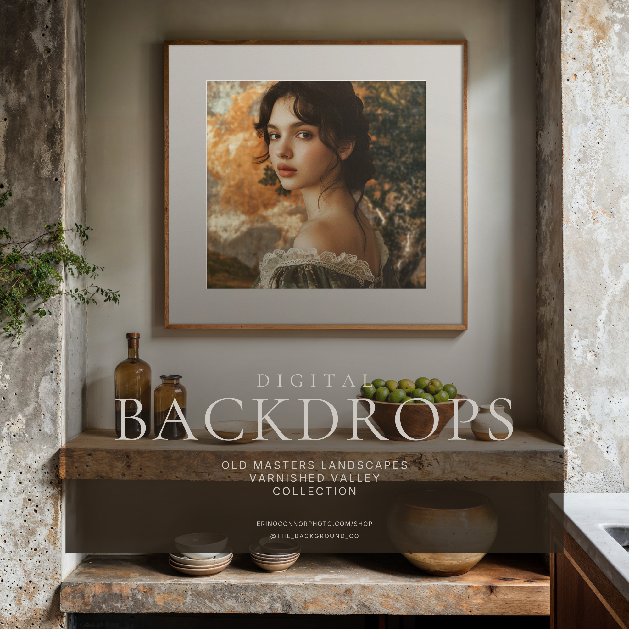 Old Masters Varnished Valleys room mockup: wood frame with wide matte on rustic kitchen wall; preview wall-art scale and styling for artist and photographer marketing.