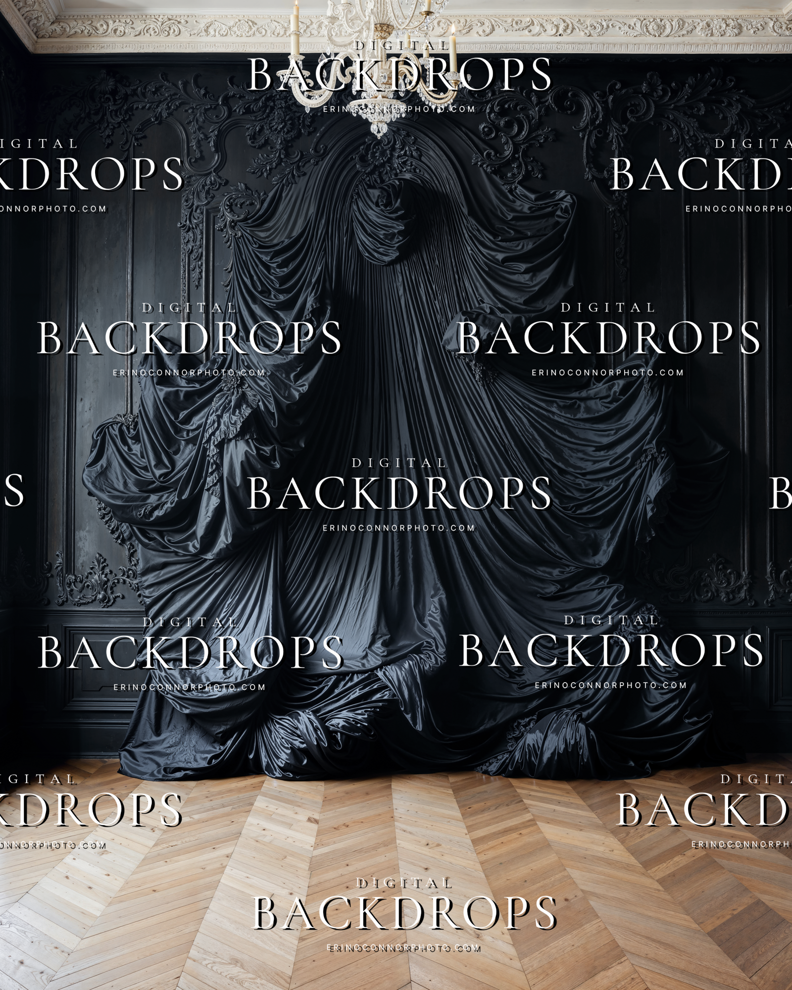 Black silk parlor background with chandelier detail, gathered fabric, and moody shadow tones for maternity and fine art composites.