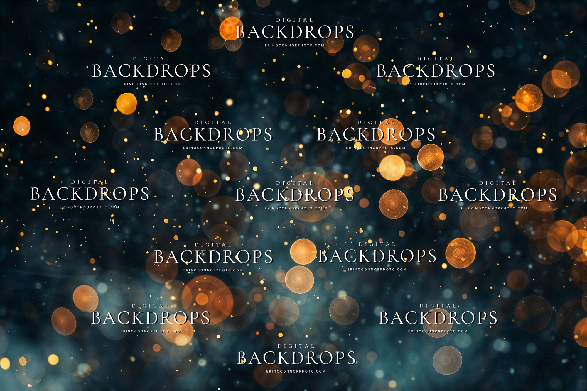 Teal gold bokeh light overlay with amber light circles, smoky blue texture, and floating sparkle for dramatic portrait composites.