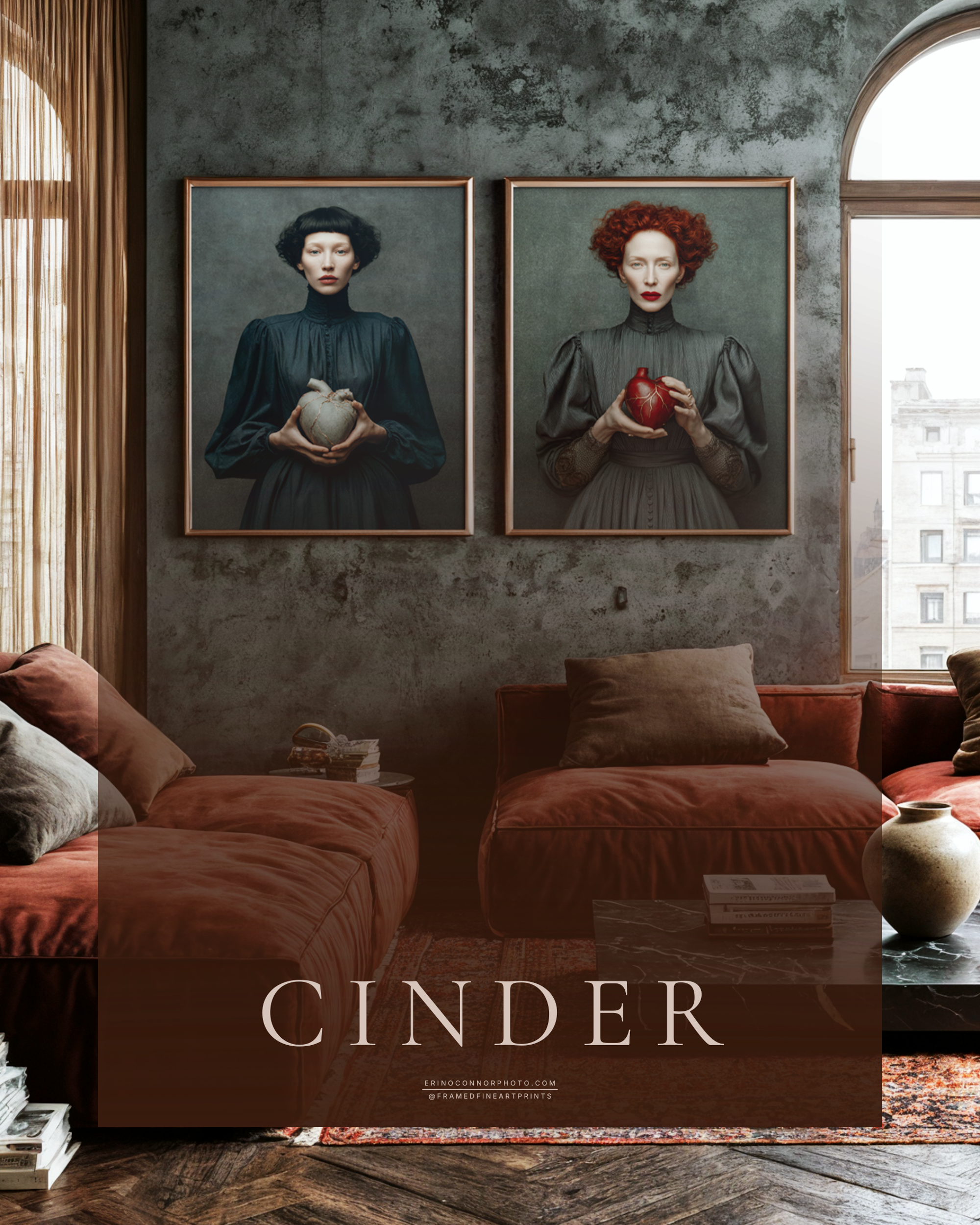 Framed companion portraits of Sable and Cinder displayed together above rust-colored velvet seating in a moody contemporary interior.