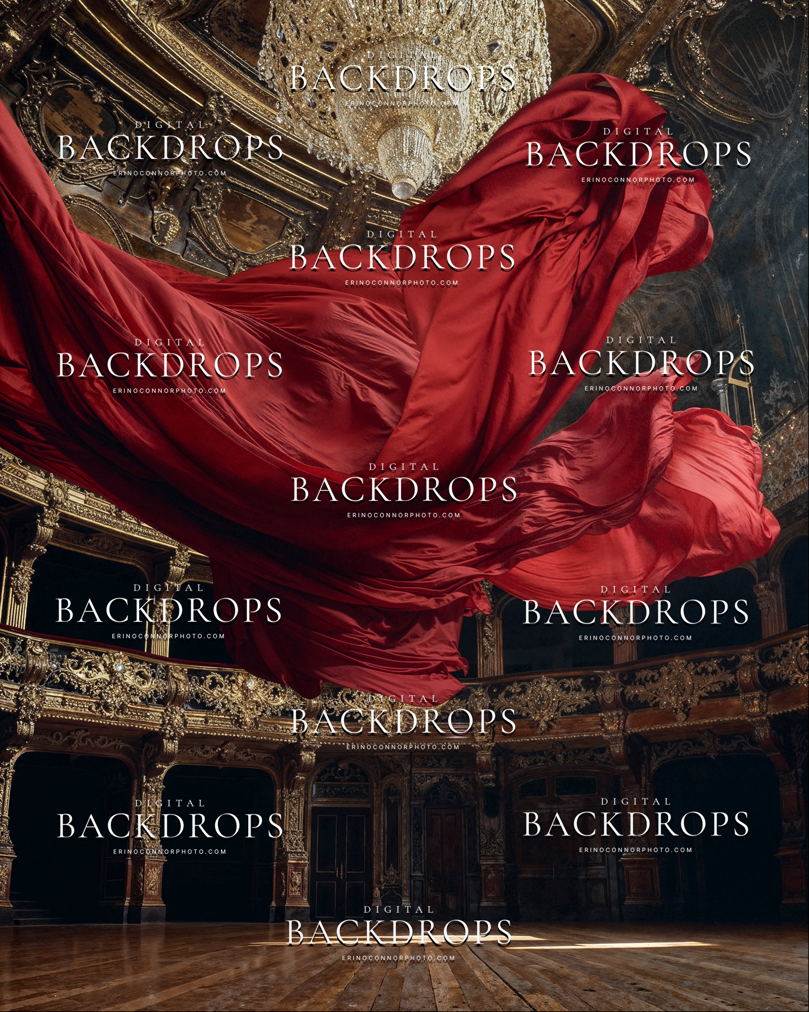 Flowing ruby red fabric sweeping across an ornate vintage theatre stage, chandelier overhead, dramatic romantic fine art portrait digital backdrop