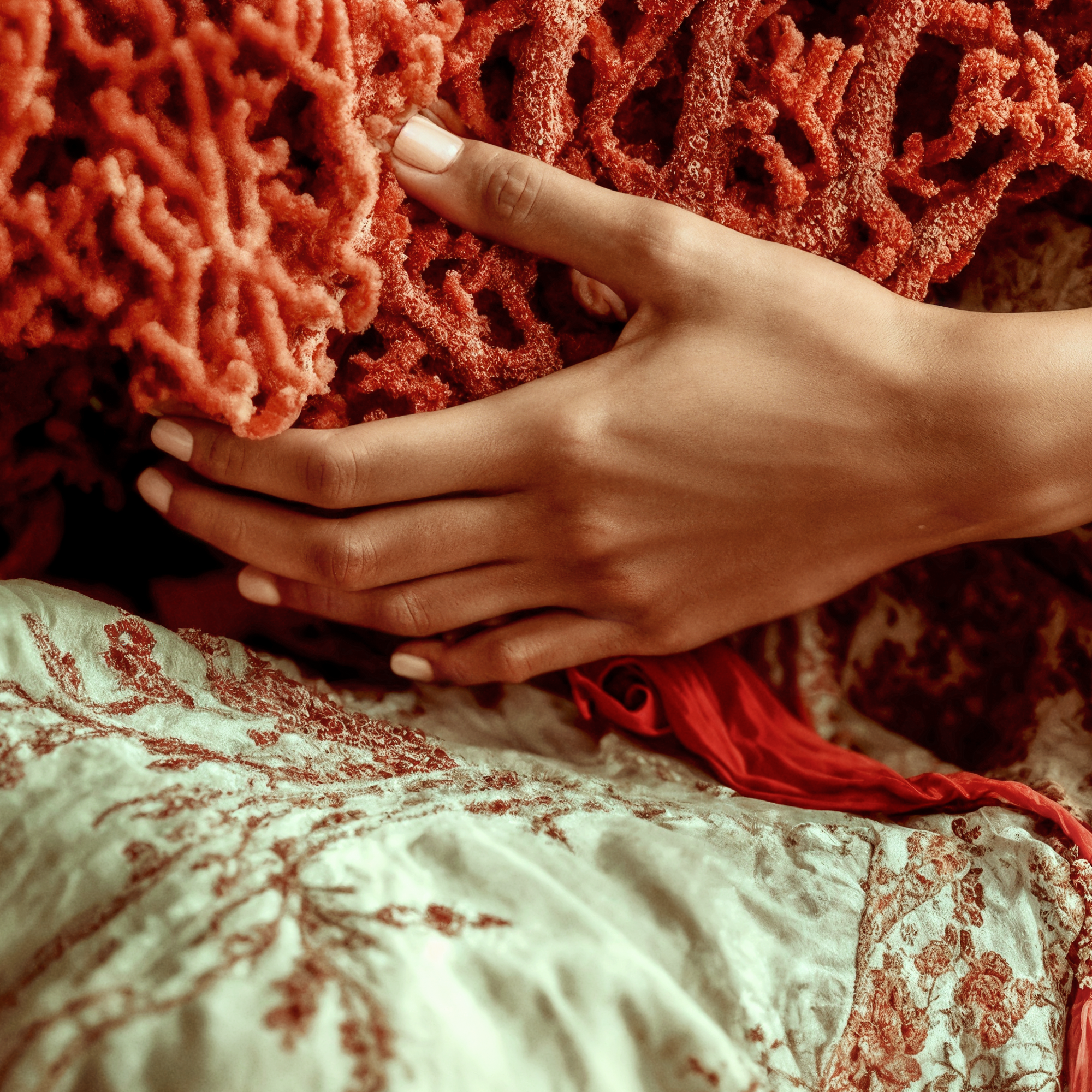 Close detail of Kavya's hands gently supporting the branching red coral across her lap.