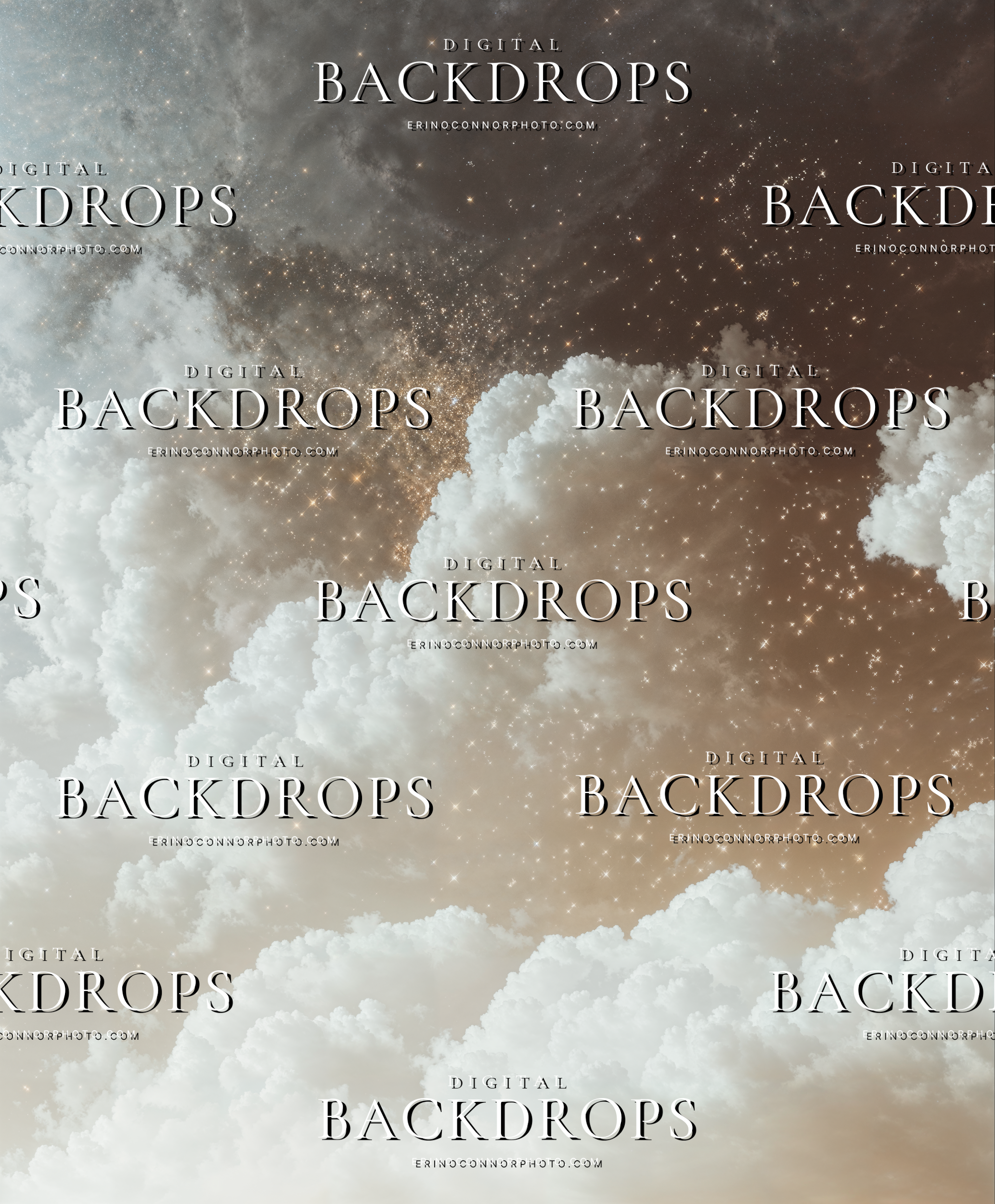 Vertical celestial cloud digital background with cream clouds, warm golden glow, and a dark star filled sky for portrait composites.