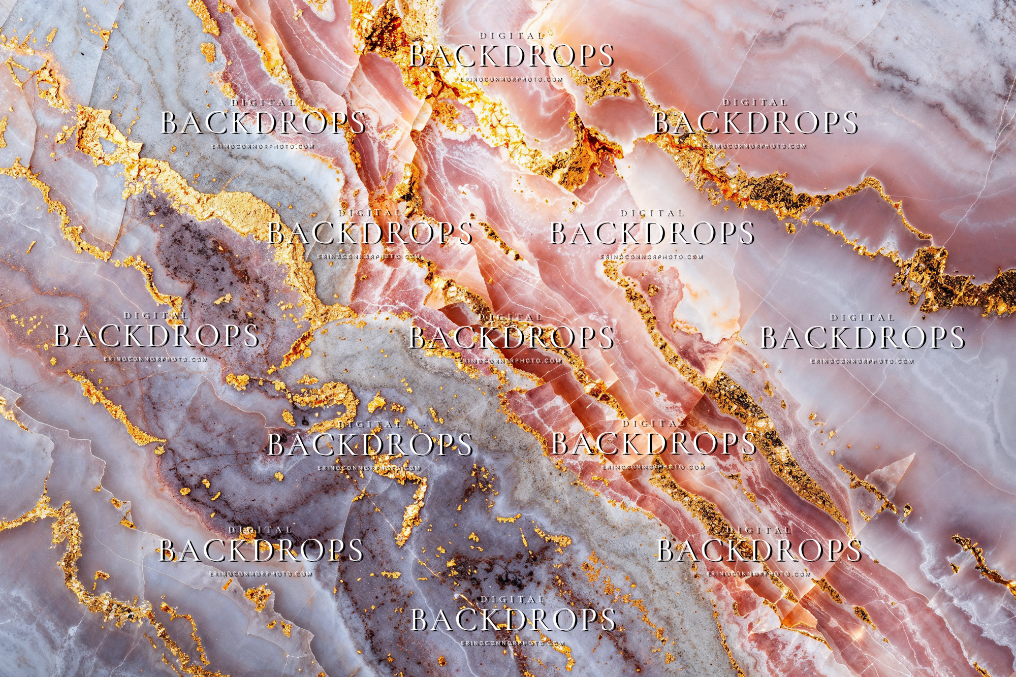 Rose pink gold marble texture digital background with blush stone, grey mineral movement, white veining, and metallic gilded accents.