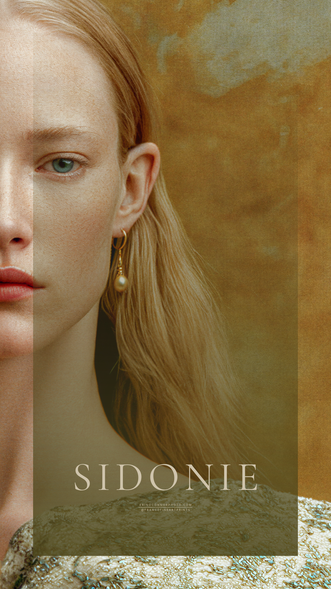 Close-up of Sidonie’s face with blonde hair, pale blue-green eyes, pearl earrings, and a warm ochre painterly background.