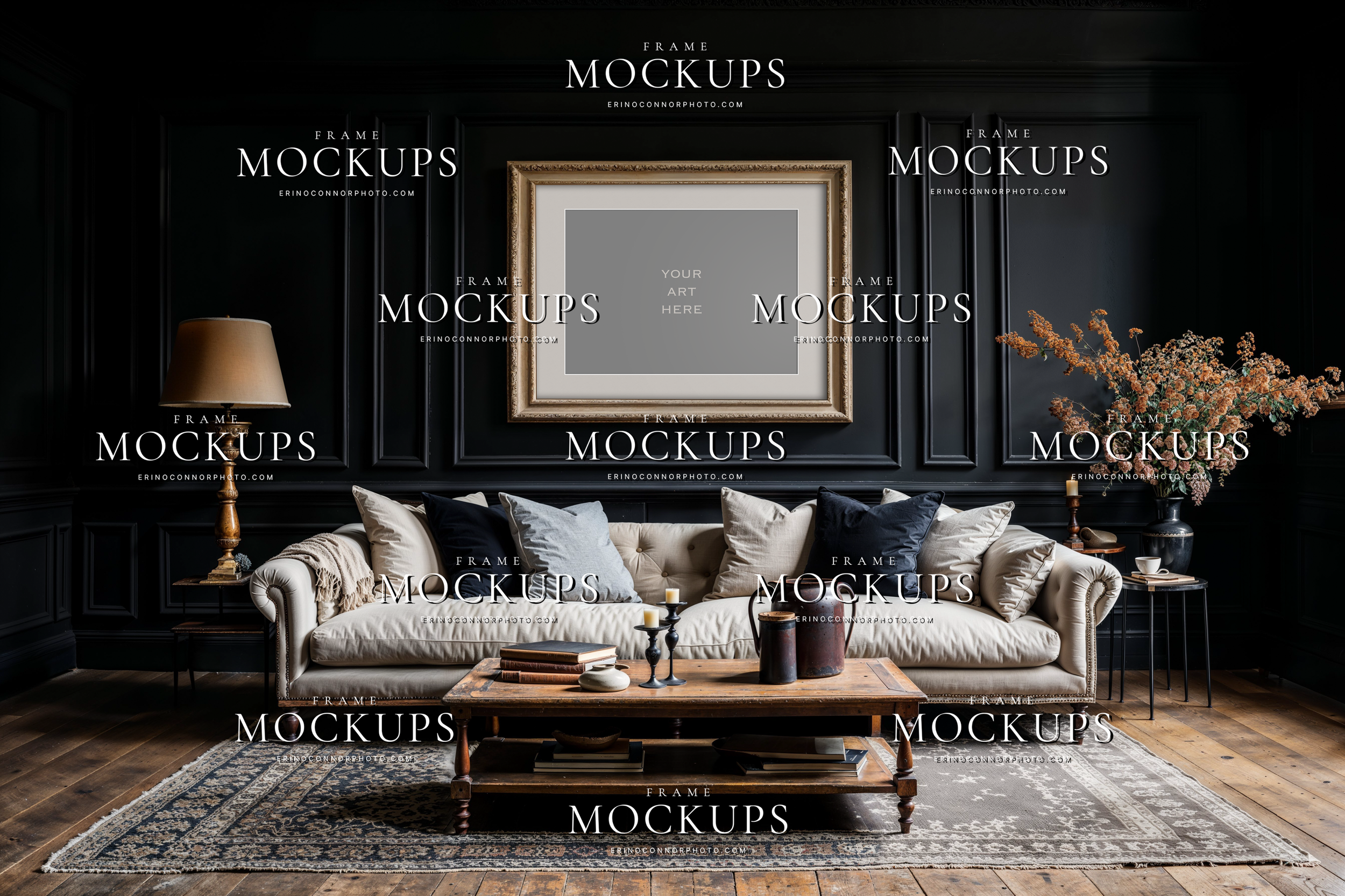 Dark paneled English interior frame mockup with vintage wood frame, cream sofa, and table lamp for photographers and artists showcasing portrait artwork.