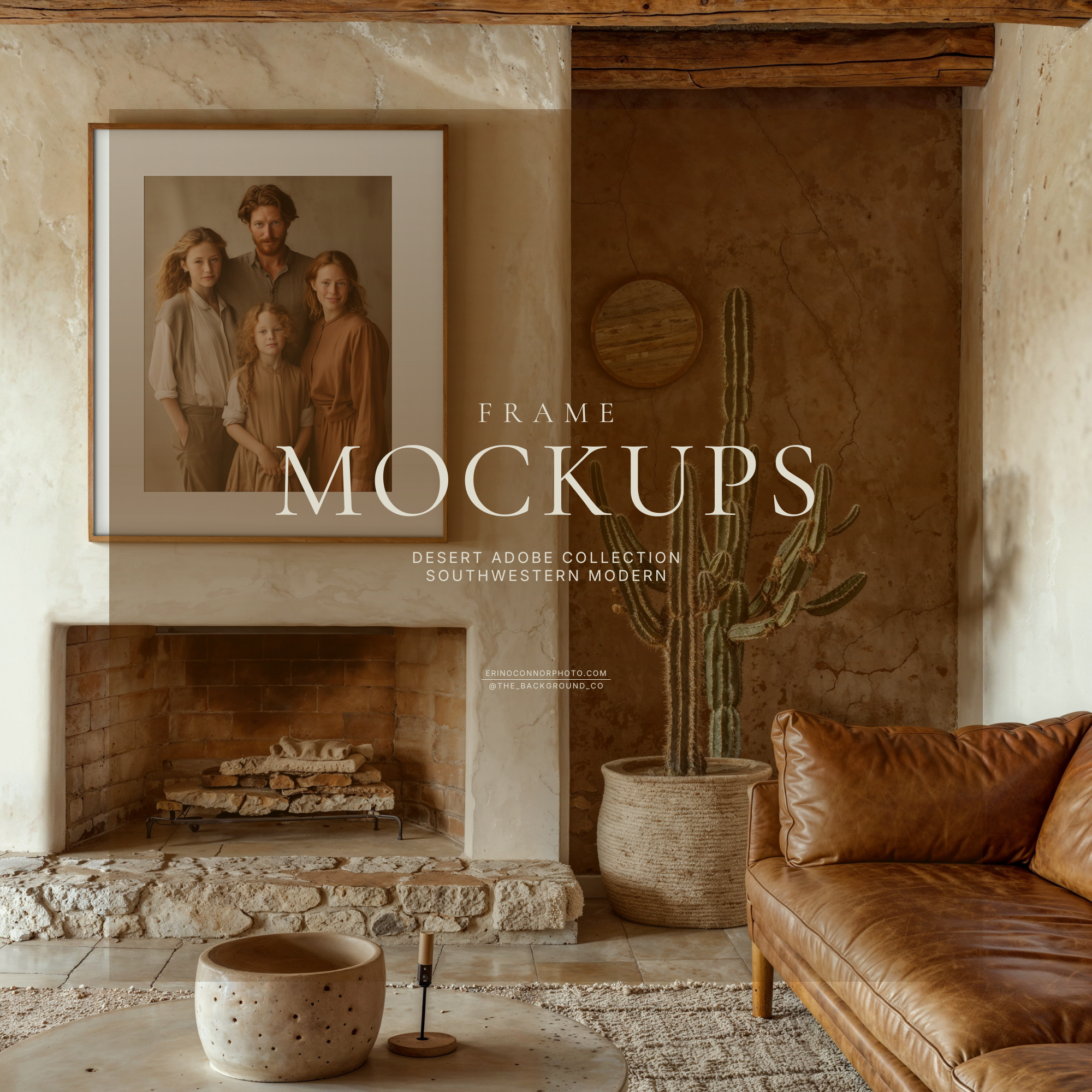 Southwestern adobe room mockup with fireplace niche, tall cactus, warm plaster walls, leather sofa, and framed wall art over the hearth, soft natural light, desert tones.