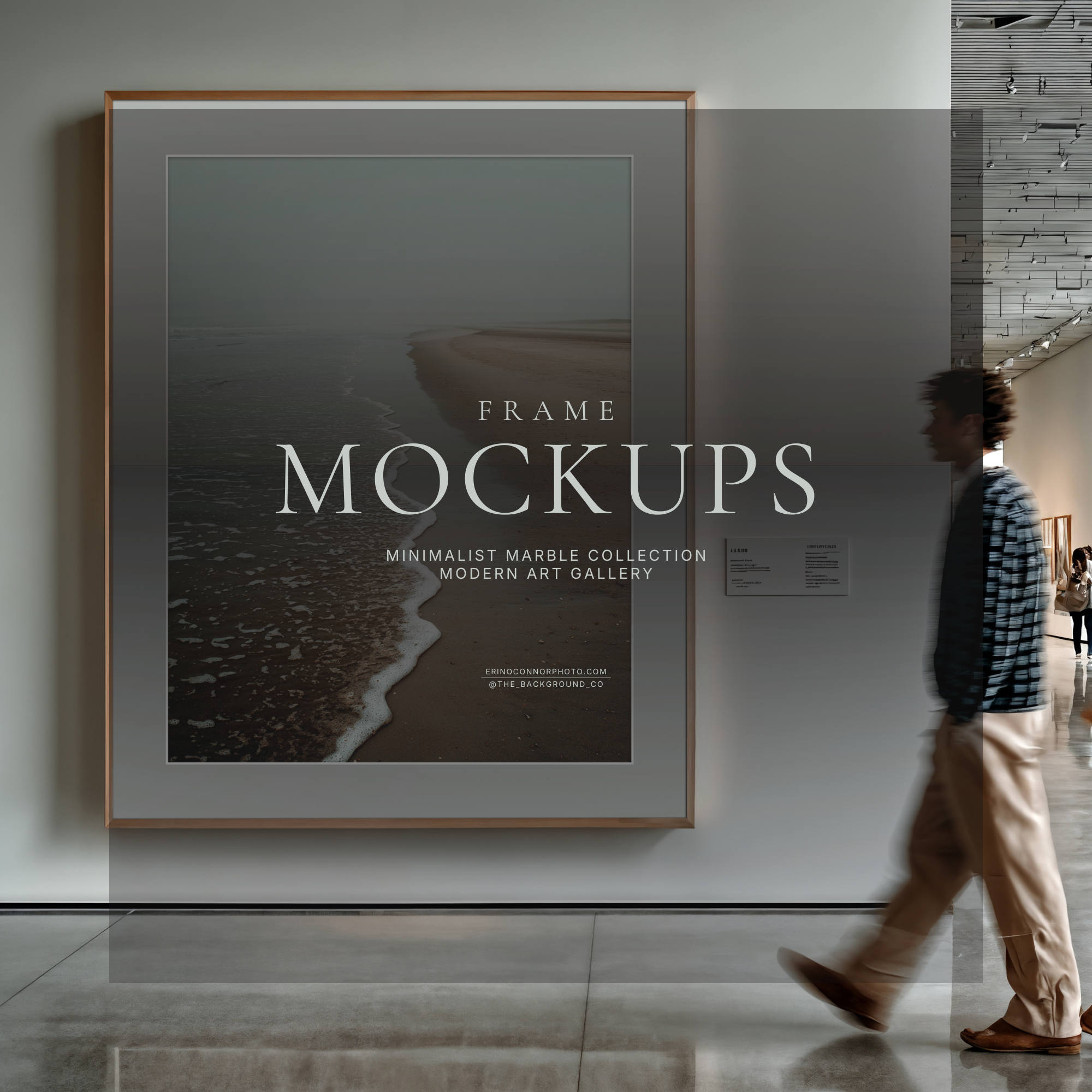 Minimalist art museum hallway with marble floors and track lighting, showing a large portrait wood frame mockup with wide mat on a white wall. Visitors walk by.