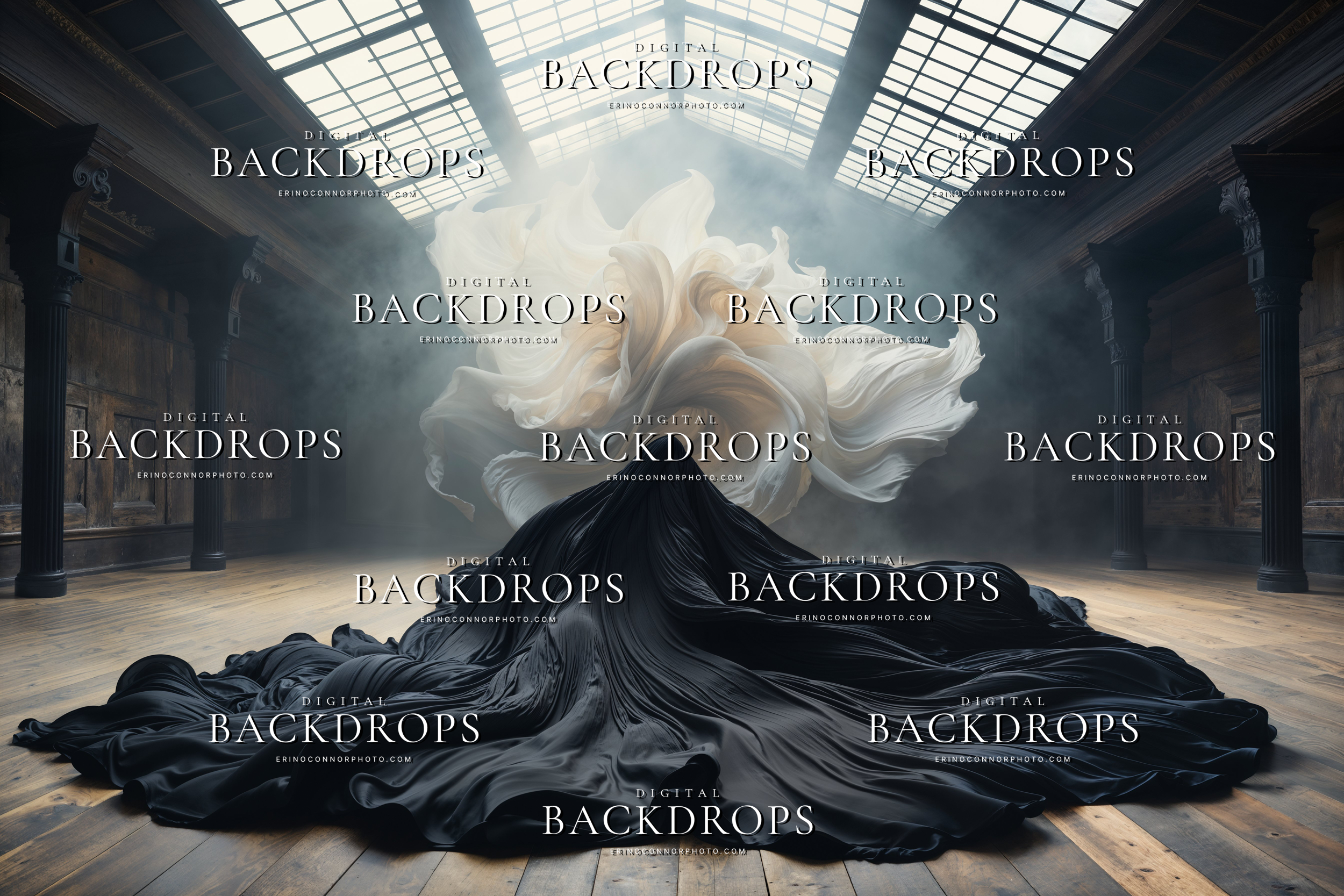 Black and ivory chiffon digital background with contrasting flowing fabric forms in a moody hall, designed for fine art and fantasy portrait composites.