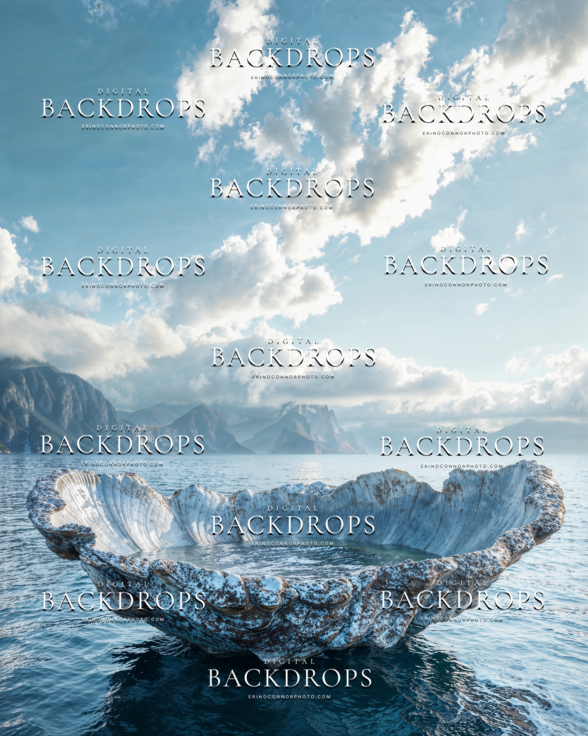 Large weathered seashell digital background in calm water with distant coastal mountains and a bright atmospheric sky.