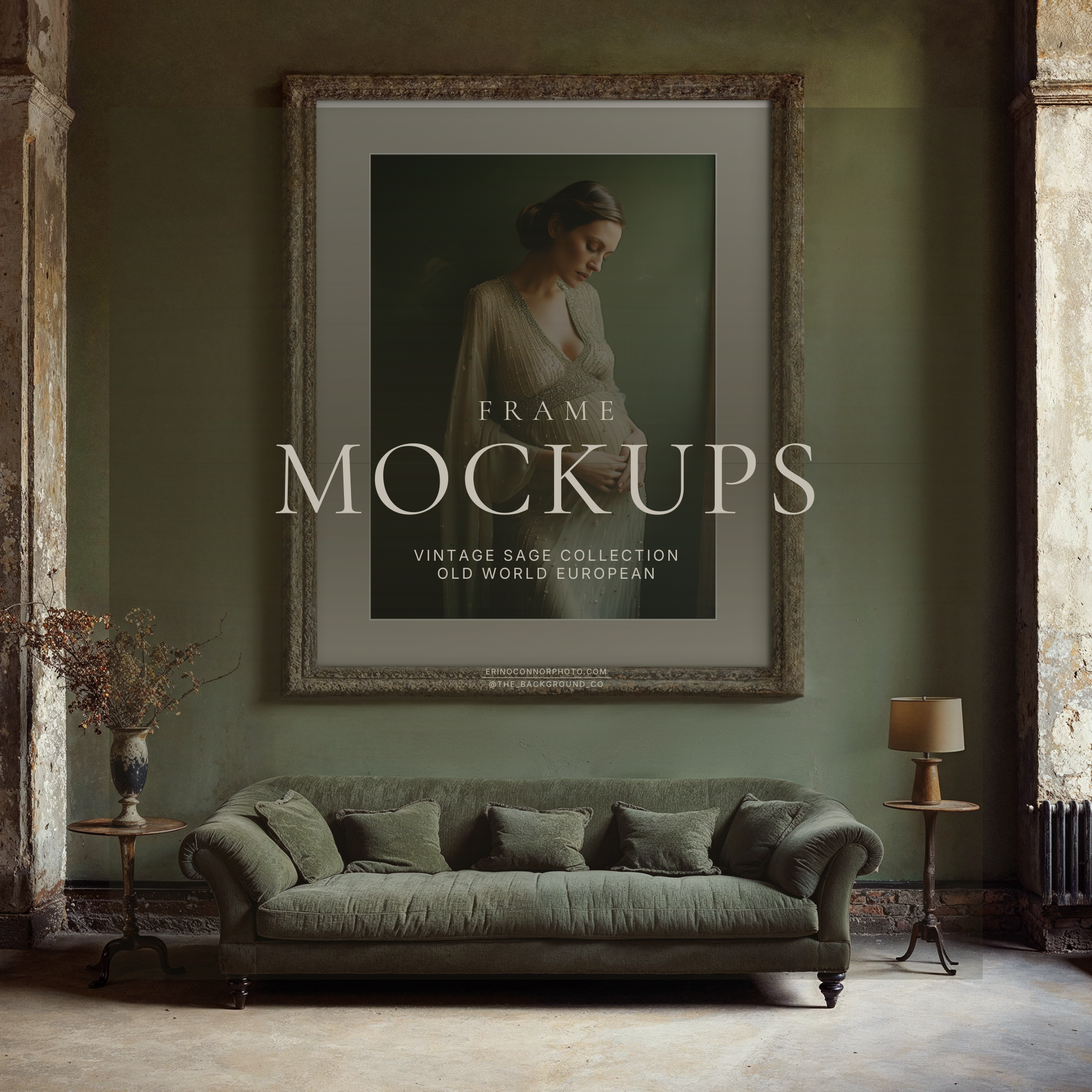 Old World European room mockup with vintage sage wall, tall stone arch, green sofa, and oversized ornate frame on a real wall for showcasing photography, art prints, or posters.