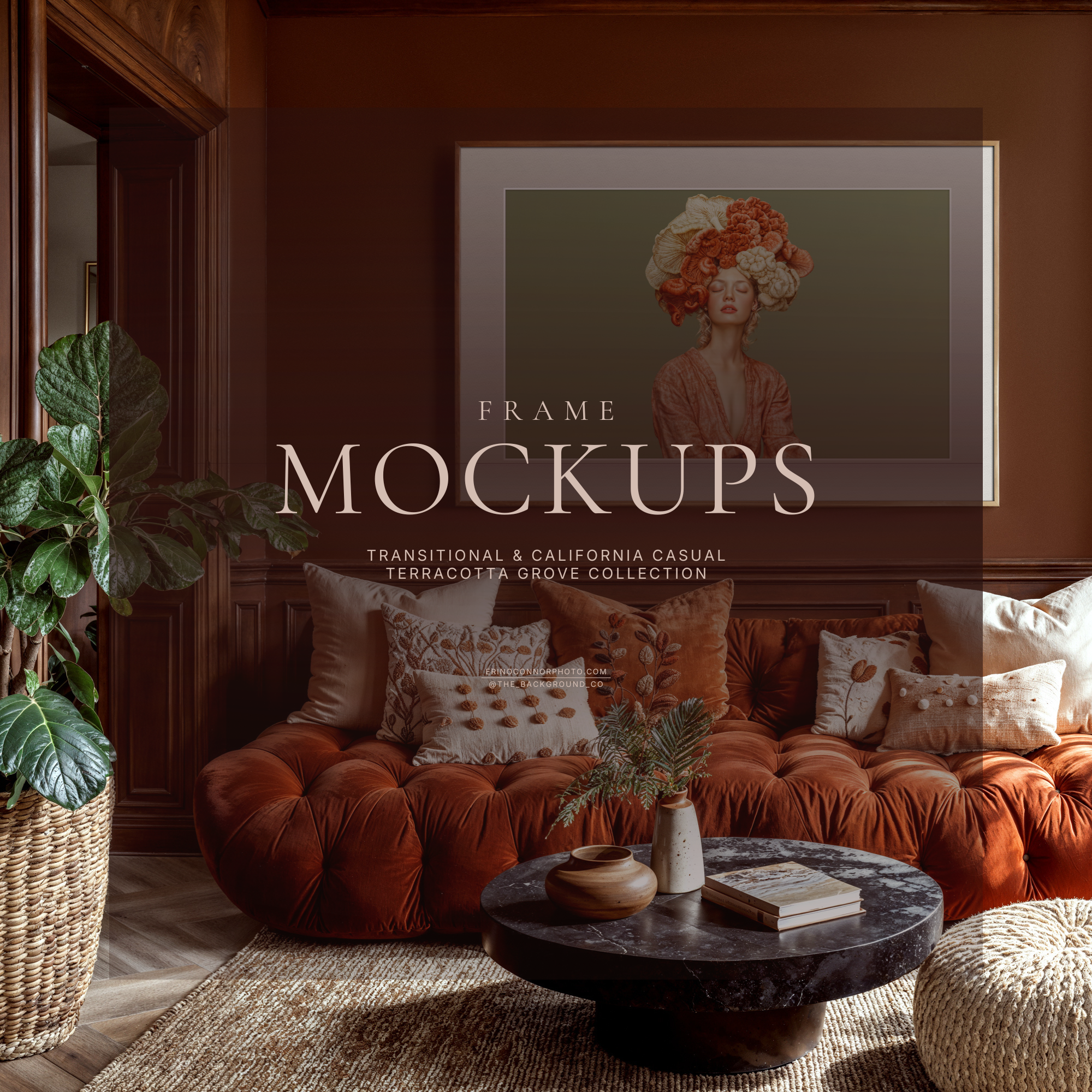 Warm wood paneled lounge mockup with terracotta velvet sofa, black round coffee table, tall windows, and wide light wood frame with large mat for horizontal wall art display.