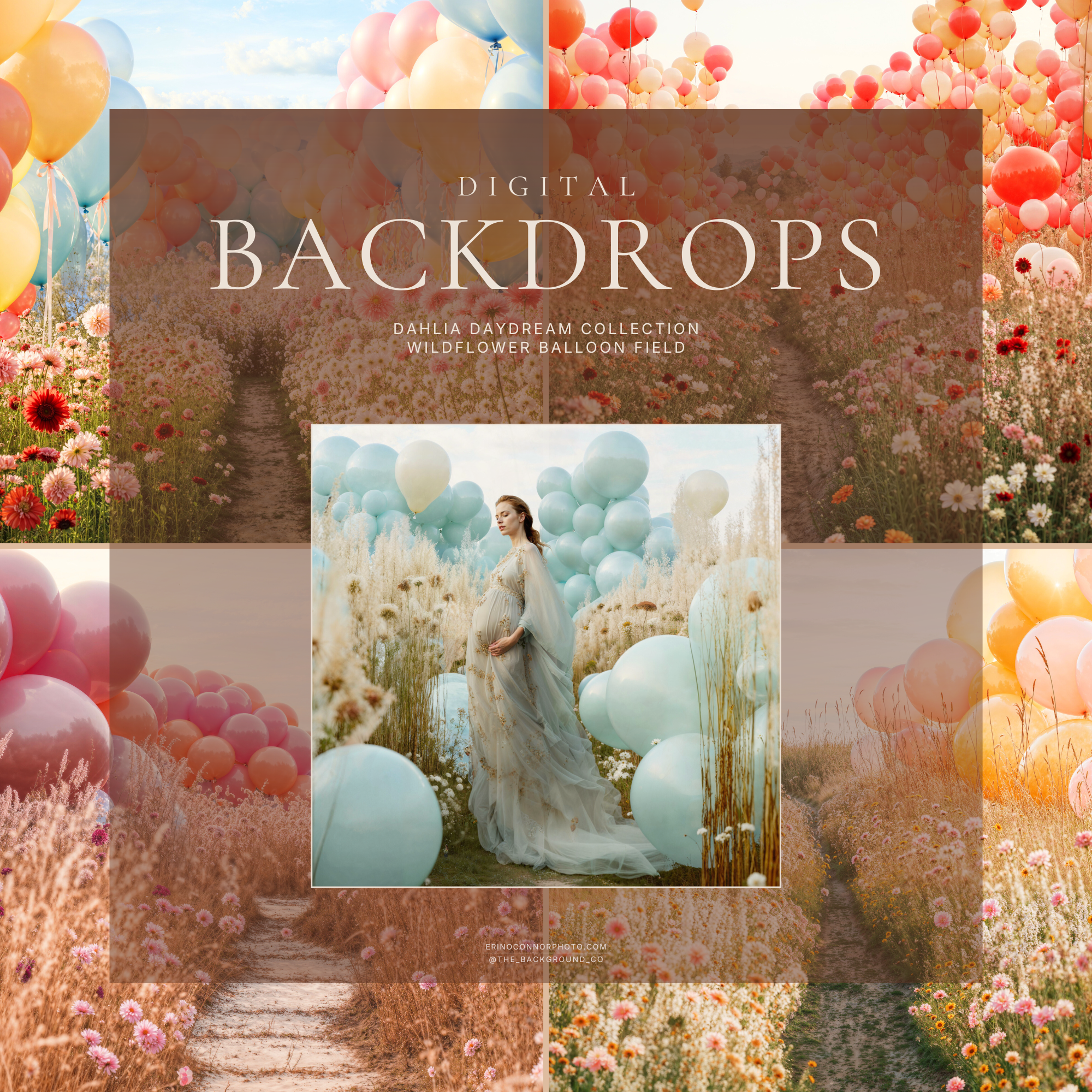 Collage preview of Wildflower Balloon Field Dahlia Daydream digital backdrops, pastel balloon clusters and flower lined paths for dreamy portrait composites.