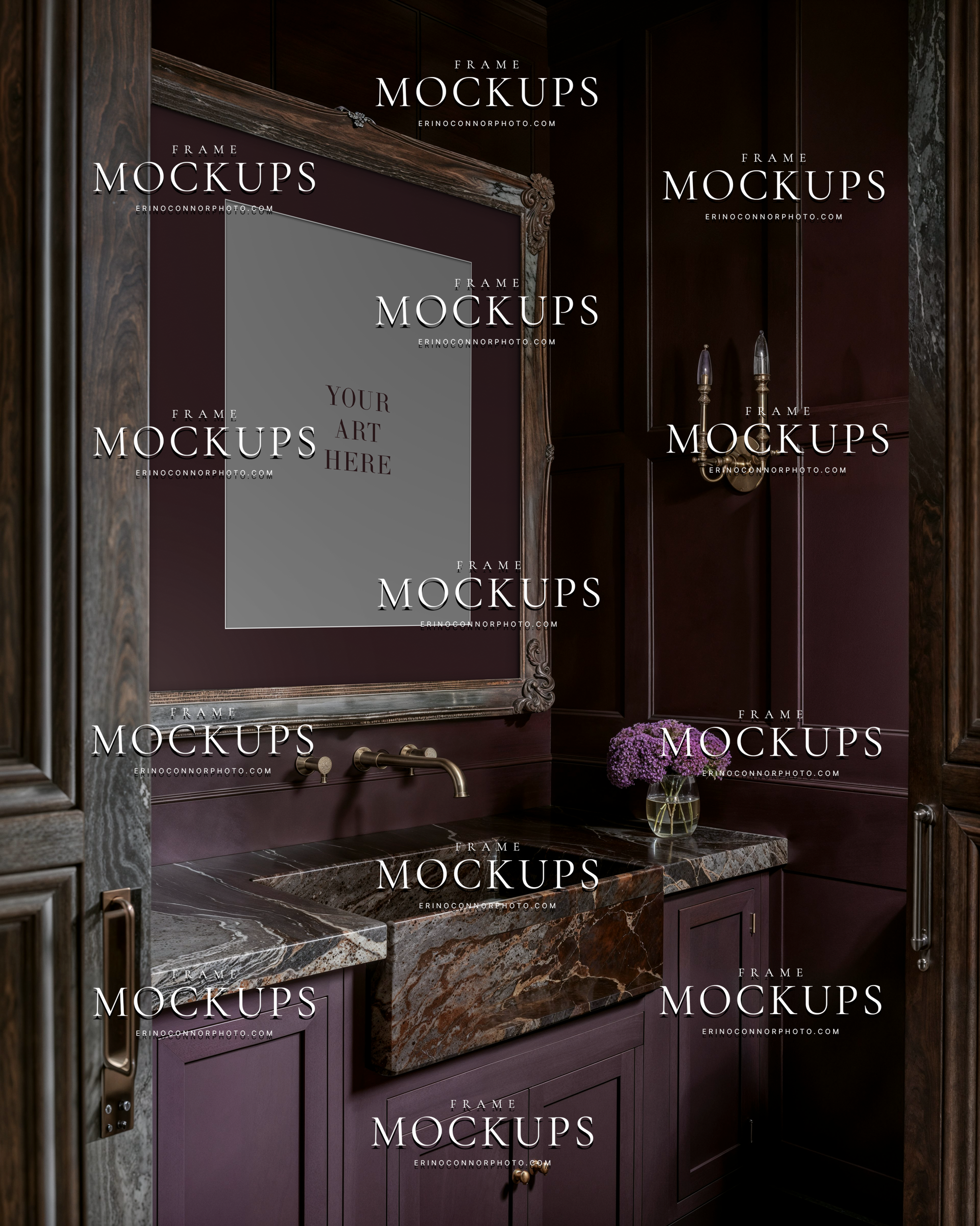 Plum powder room frame mockup with ornate vintage frame above marble sink, deep purple paneled walls, brass faucet and sconce, styled wall art display for photographers and artists.