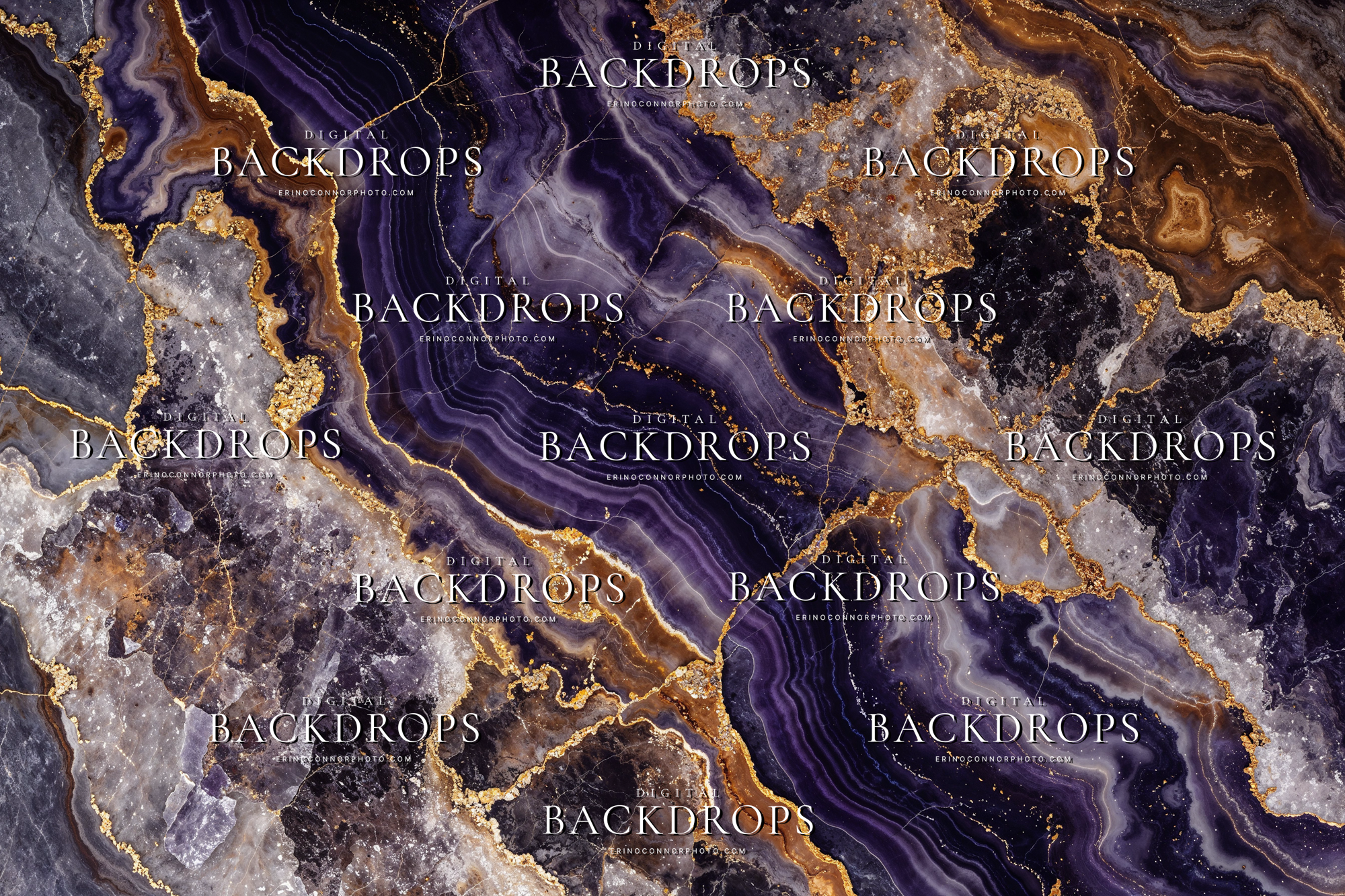 Deep purple bronze marble texture digital background with amethyst bands, smoky grey stone, black mineral detail, and gold veining.