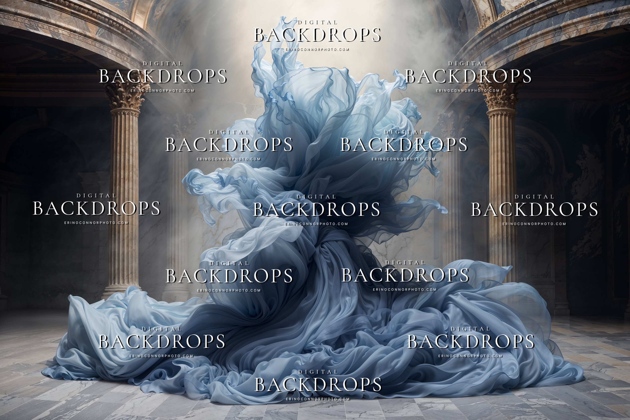 Flowing glacier blue chiffon arranged in a marble rotunda with soft beams of light and atmospheric fog, digital background for fine art photography.