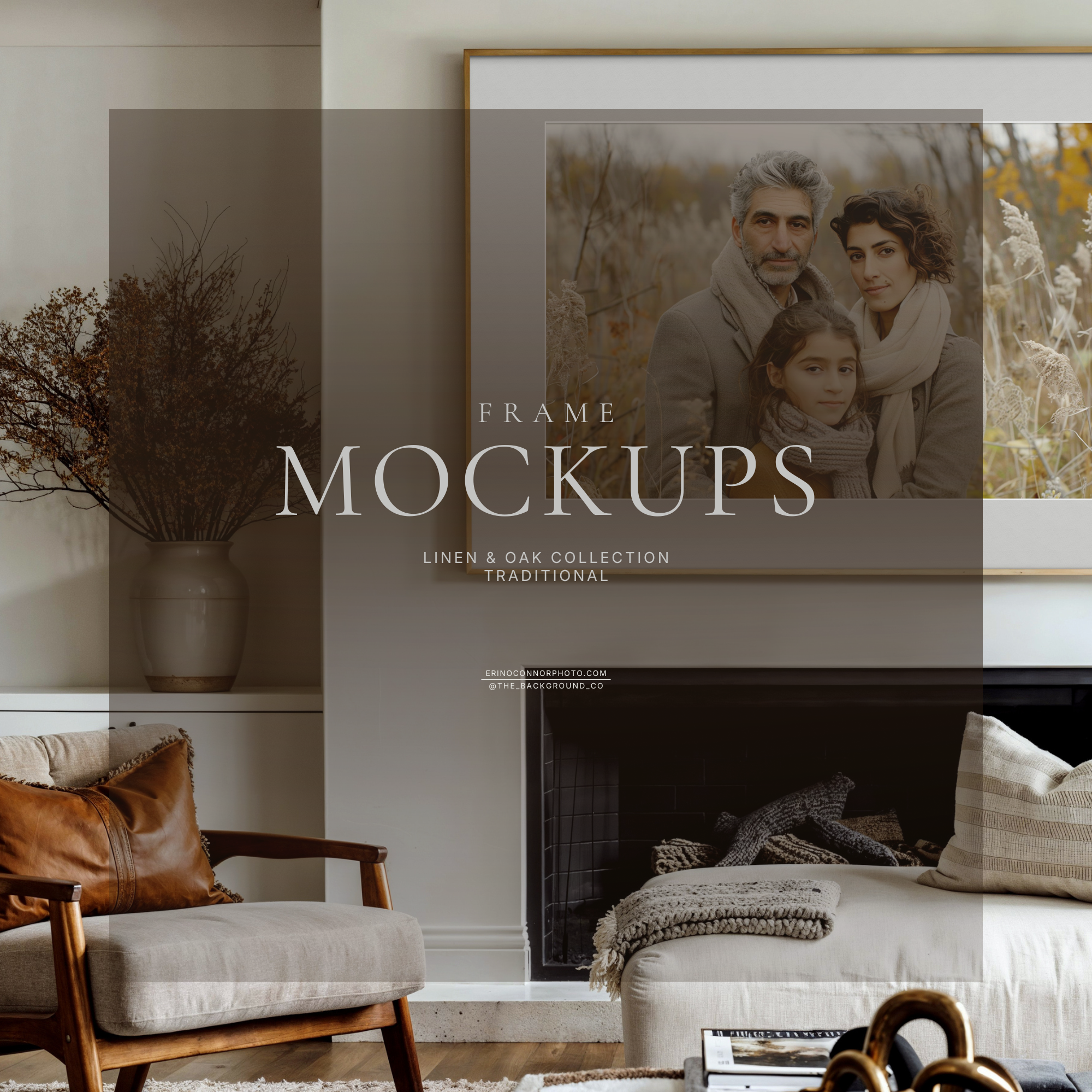 Bright transitional living room mockup with white fireplace, linen sectional and chair, black floor lamp, styled decor, large horizontal gold frame with wide white matte above mantel.