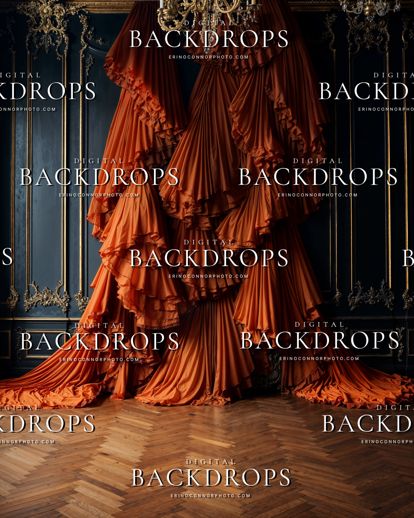 Orange silk drapery backdrop with ornate gold wall details and a chandelier for fine art and maternity photography composites.