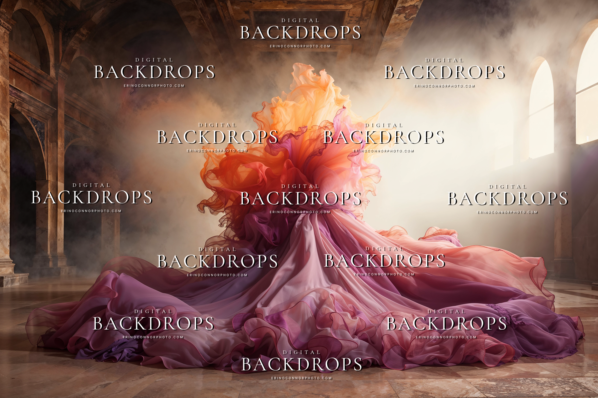 Coral pink and orchid purple fabric rising into a dramatic floral form inside a softly lit architectural hall, digital background for fantasy portrait composites.