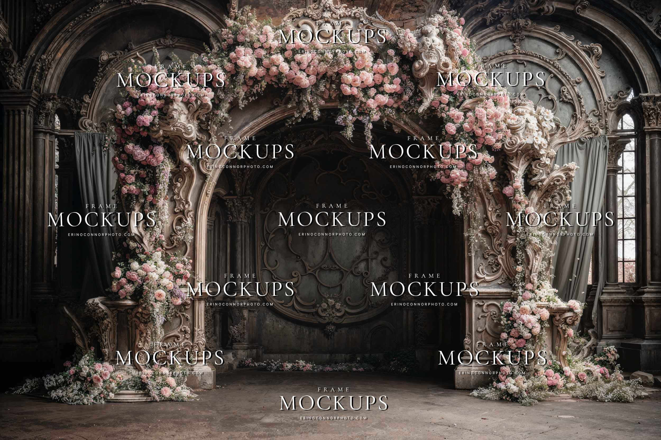 Rococo floral arch digital background with ornate plaster detail, cascading pink flowers, and a romantic vintage interior for fine art portraits.