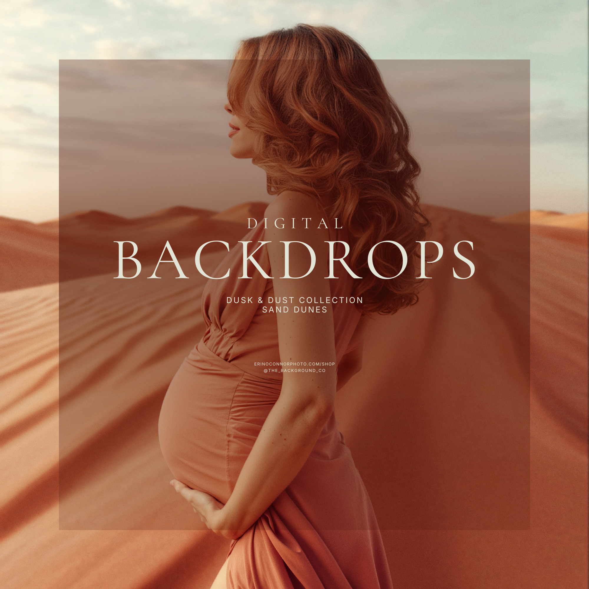 Maternity portrait with red haired pregnant woman in a flowing peach dress composited into Sand Dunes: Dusk & Dust, a desert digital background with warm rippled dunes and a soft pastel sky