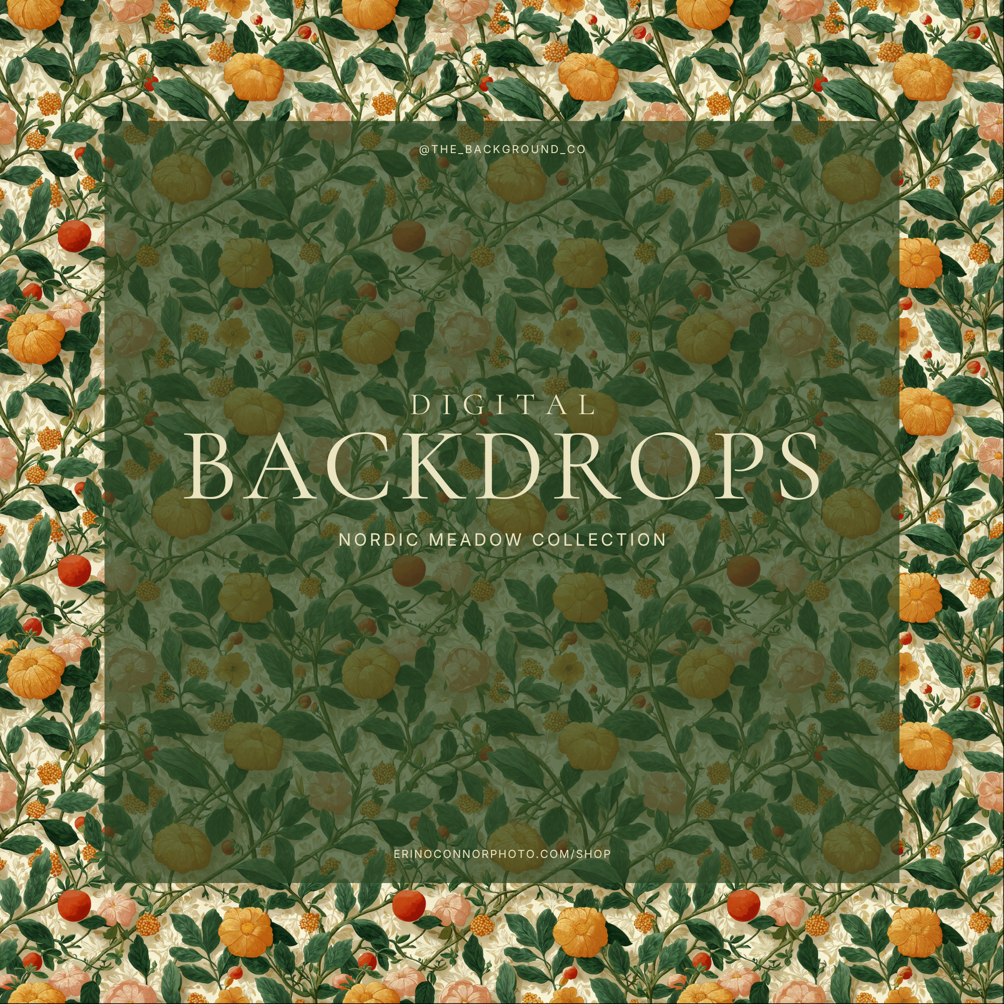 Nordic Meadow digital background: painterly Scandinavian botanical wallpaper with orange pumpkins, peach flowers, green vines on warm cream, ideal for portrait and maternity composites.