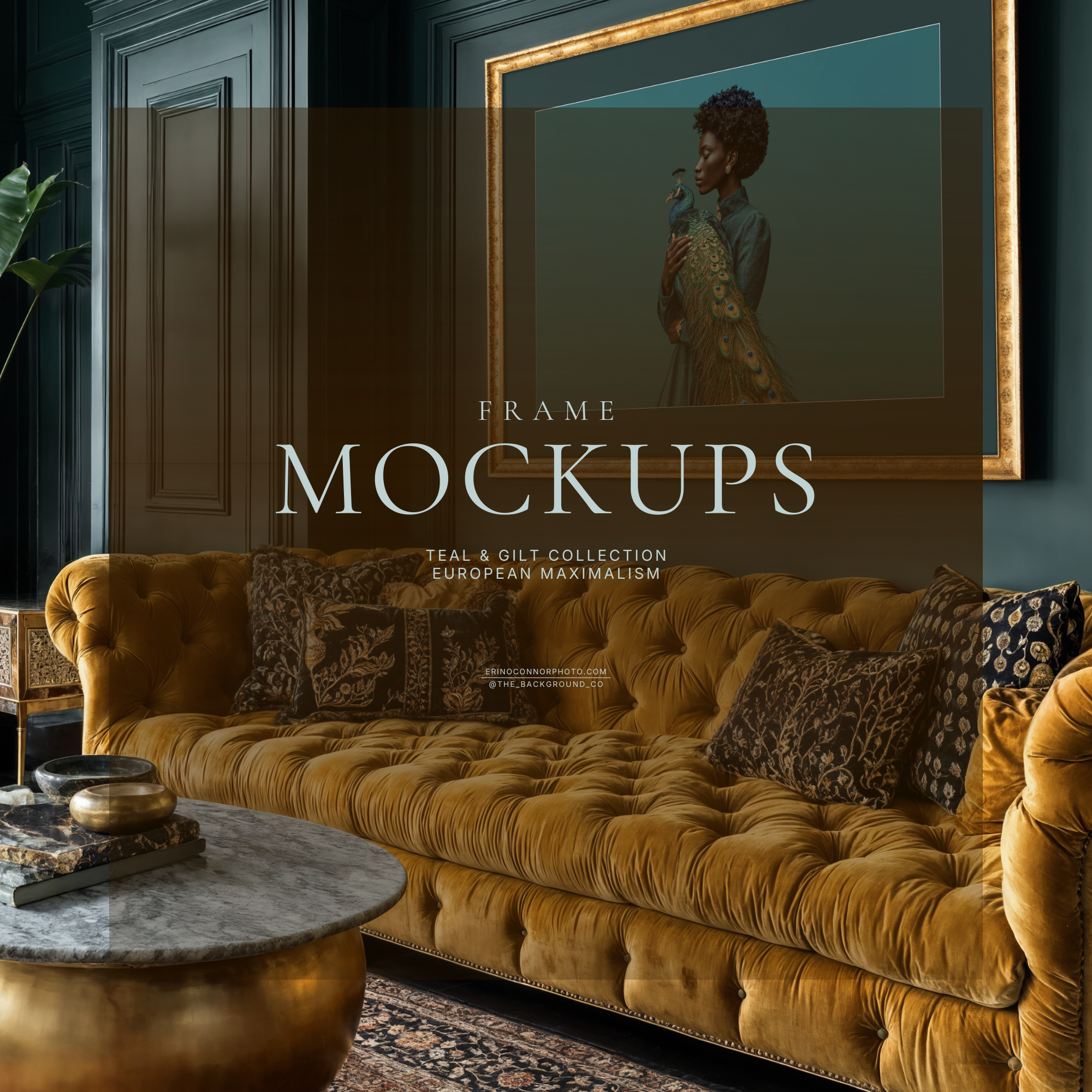 European maximalist living room mockup with teal paneled walls, gilded landscape frame above mustard velvet sofa, brass marble coffee table, Persian rug, city window light, plants.