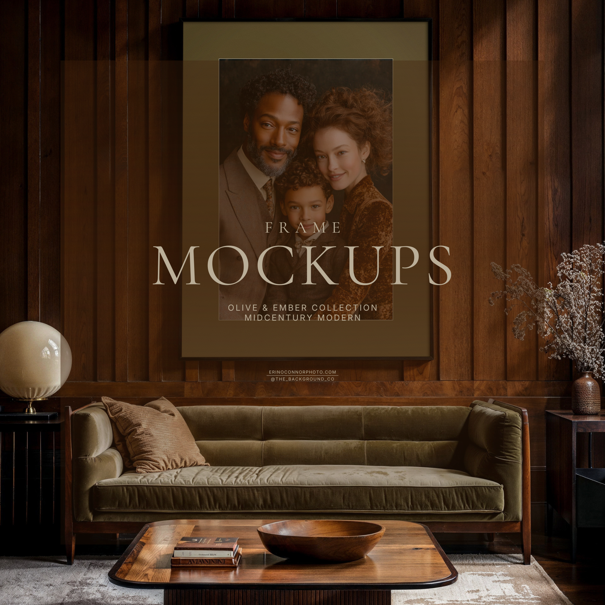 Walnut wood wall panel room mockup with olive velvet sofa and tall framed print with olive mat, neutral rug and midcentury table, art display frame mockup for portfolio and shop listings.