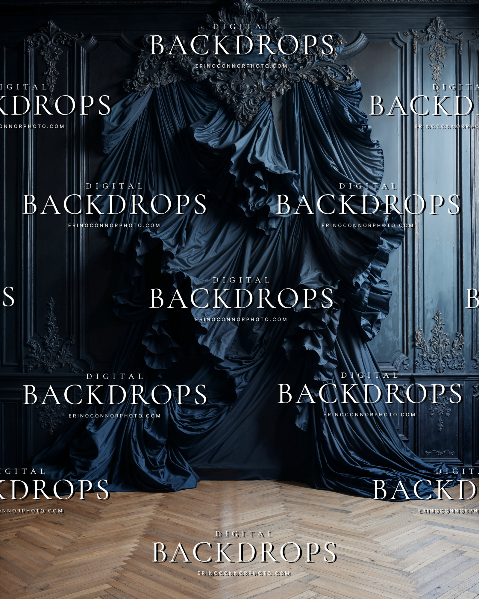 Navy silk draped digital background with ornate dark wall paneling and sculptural gathered fabric for moody portrait composites.