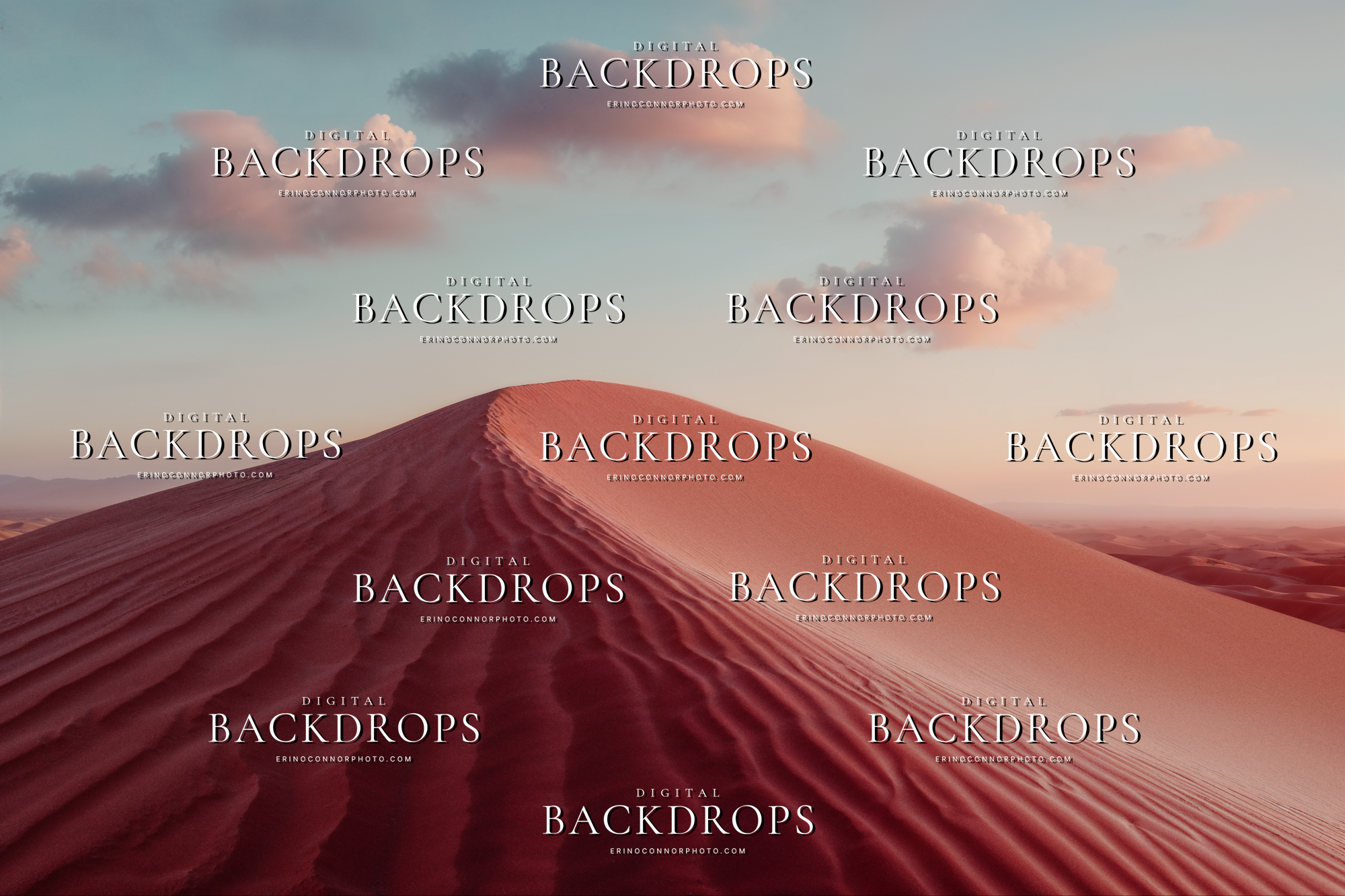 Rosy sand dune desert backdrop with textured sand, soft clouds, and warm light for fine art, fantasy, and editorial portrait photography.