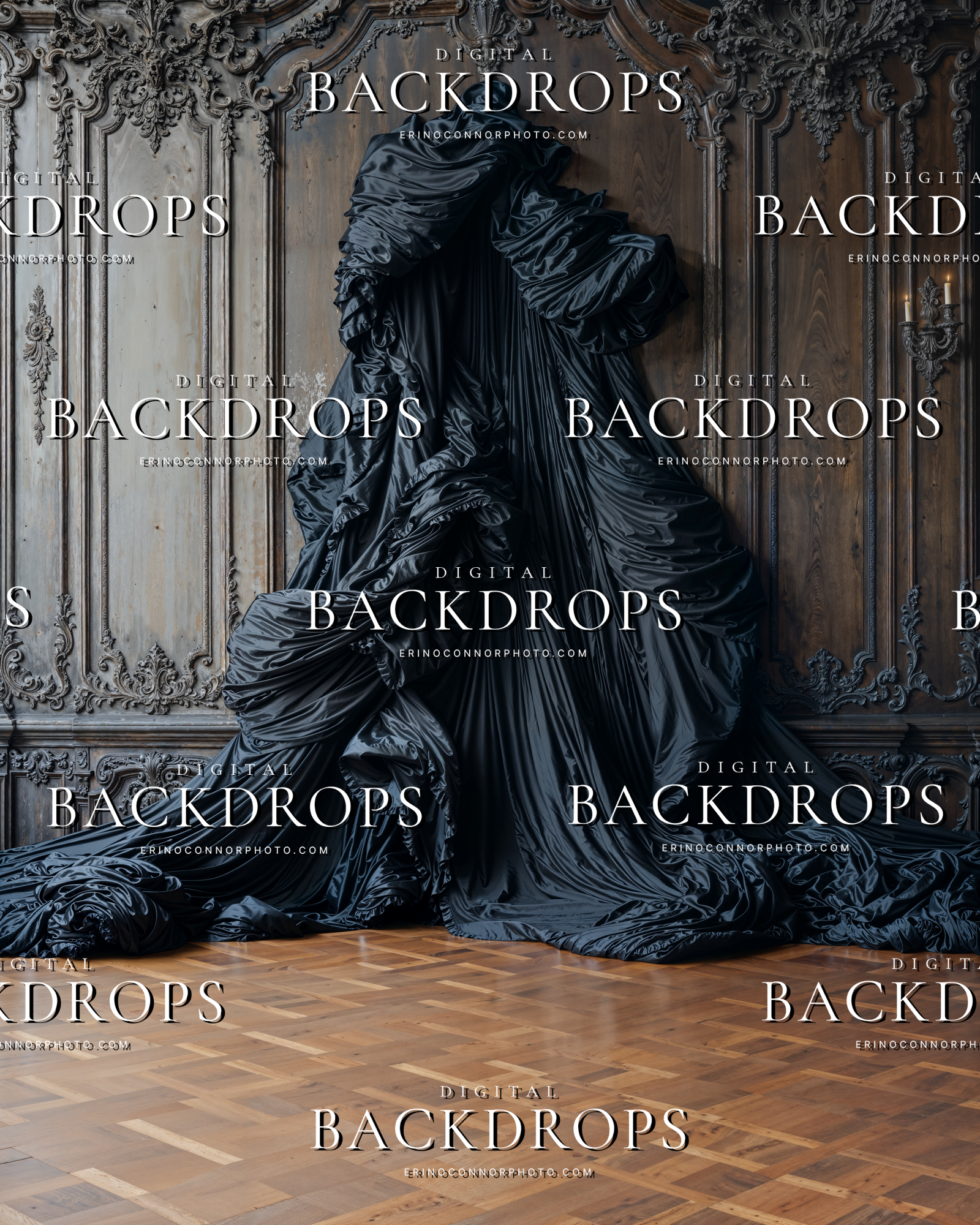 Dark paneled room digital background with black silk folds, rich wood detail, and old world styling for dramatic portrait imagery.
