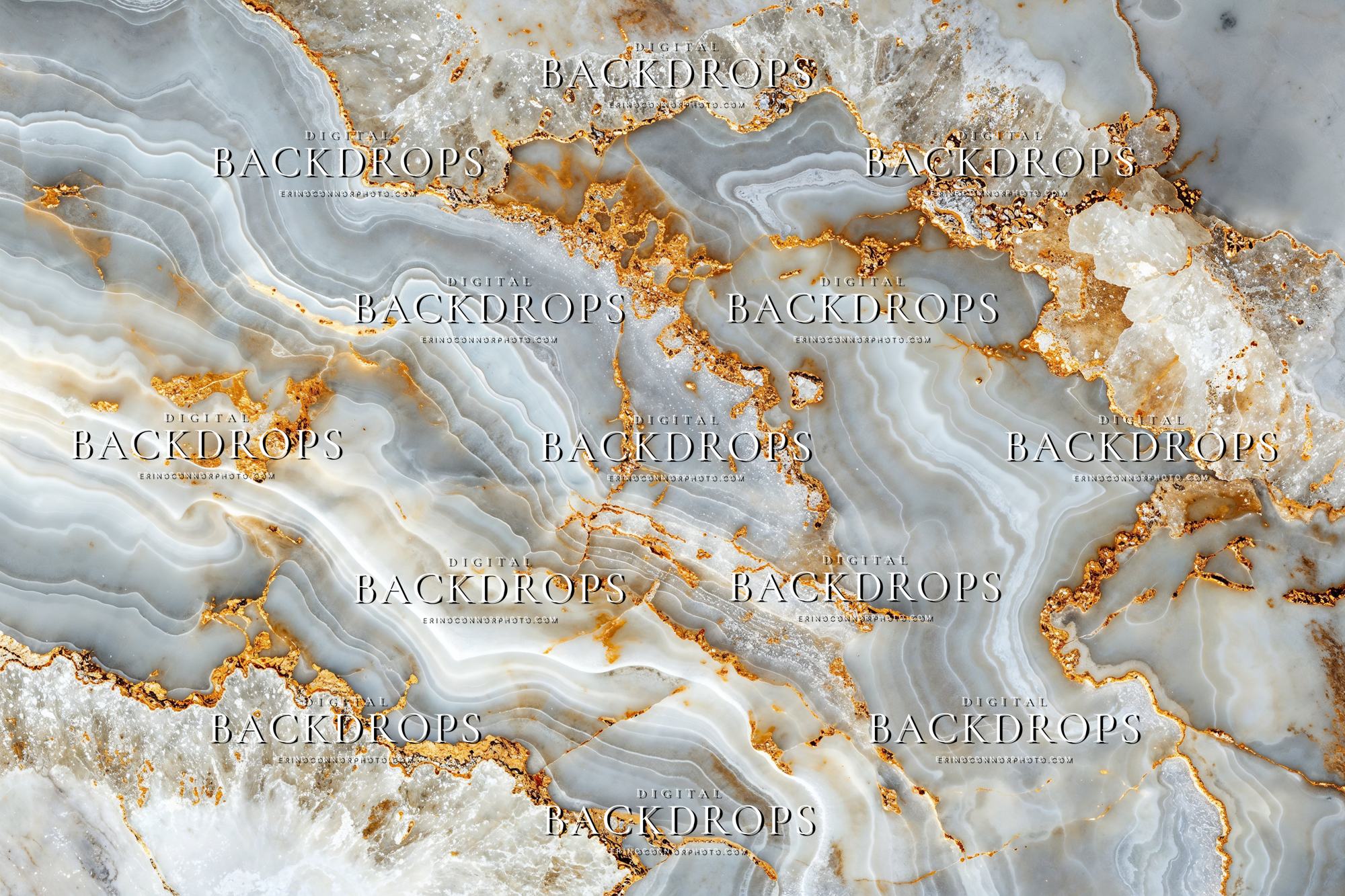 Pale ivory gold marble texture digital background with white stone, soft grey mineral layers, crystal texture, and warm gilded veining.