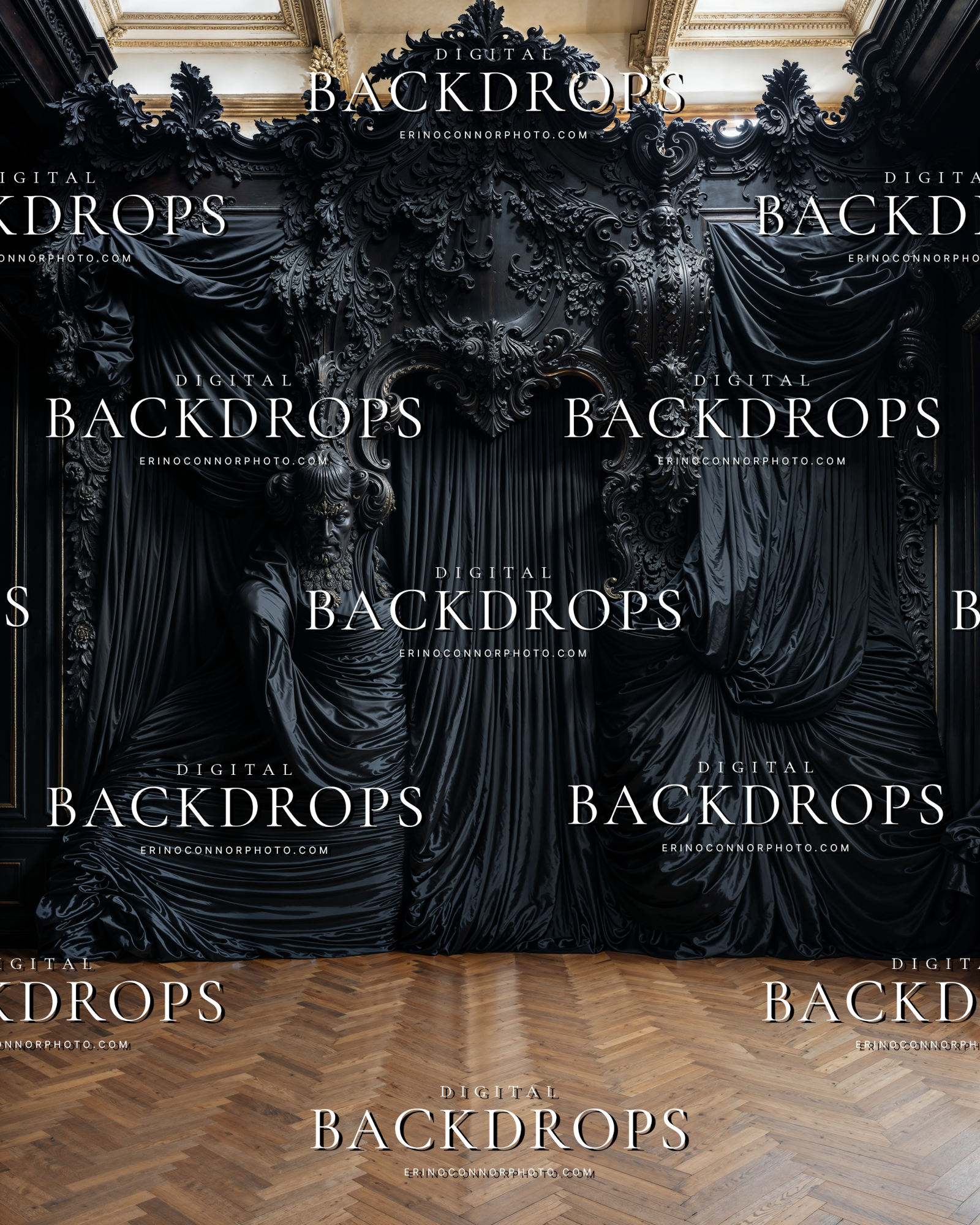 Dark old world digital background with black silk drapery, carved architectural detail, and dramatic room depth for portrait composites.