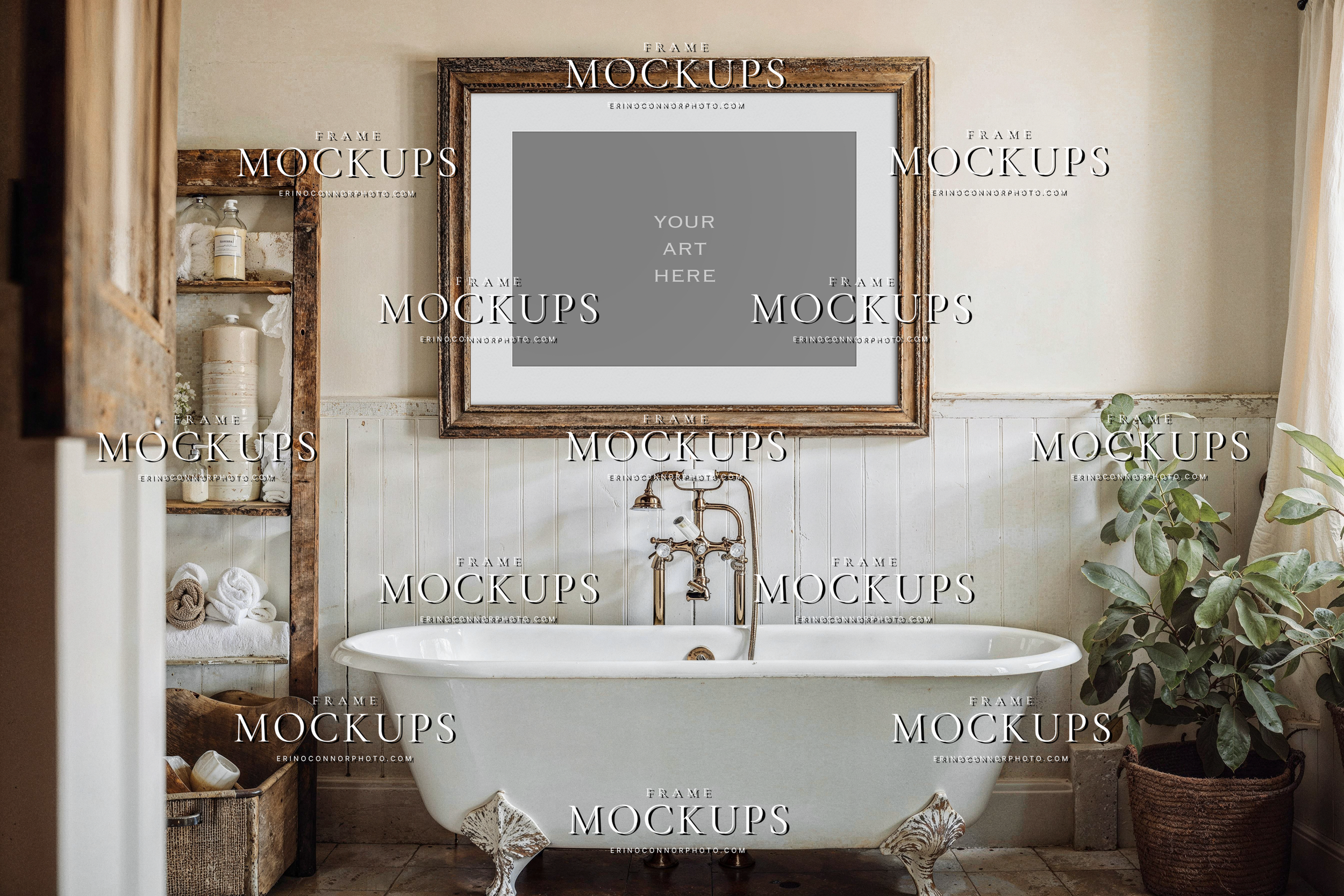 Empty horizontal frame mockup in a modern rustic farmhouse bathroom with clawfoot tub, aged brass faucet, weathered wood shelf, beadboard walls, and neutral decor